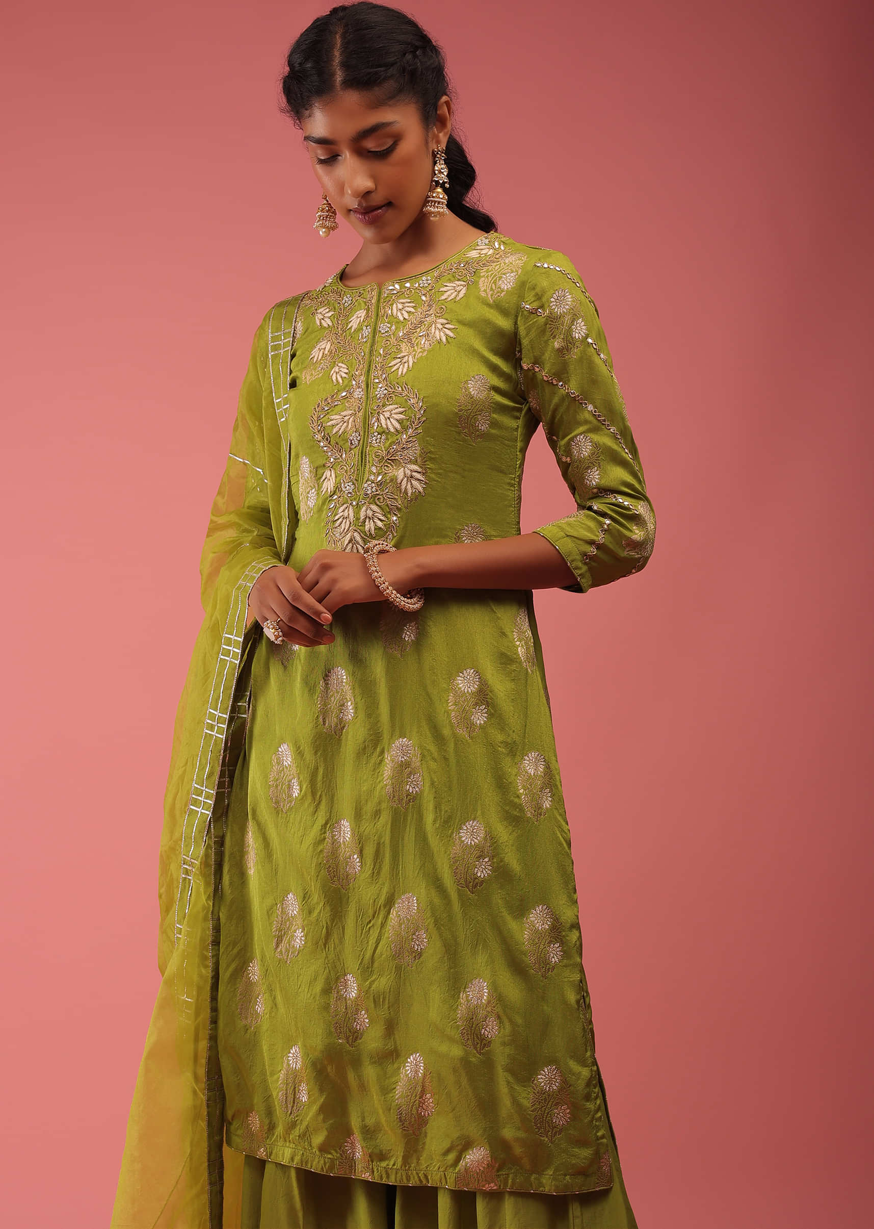 Palm Green Sharara Suit In Golden Zari Embroidery, Crafted In Cotton With Front Hooks Closure On The Yoke