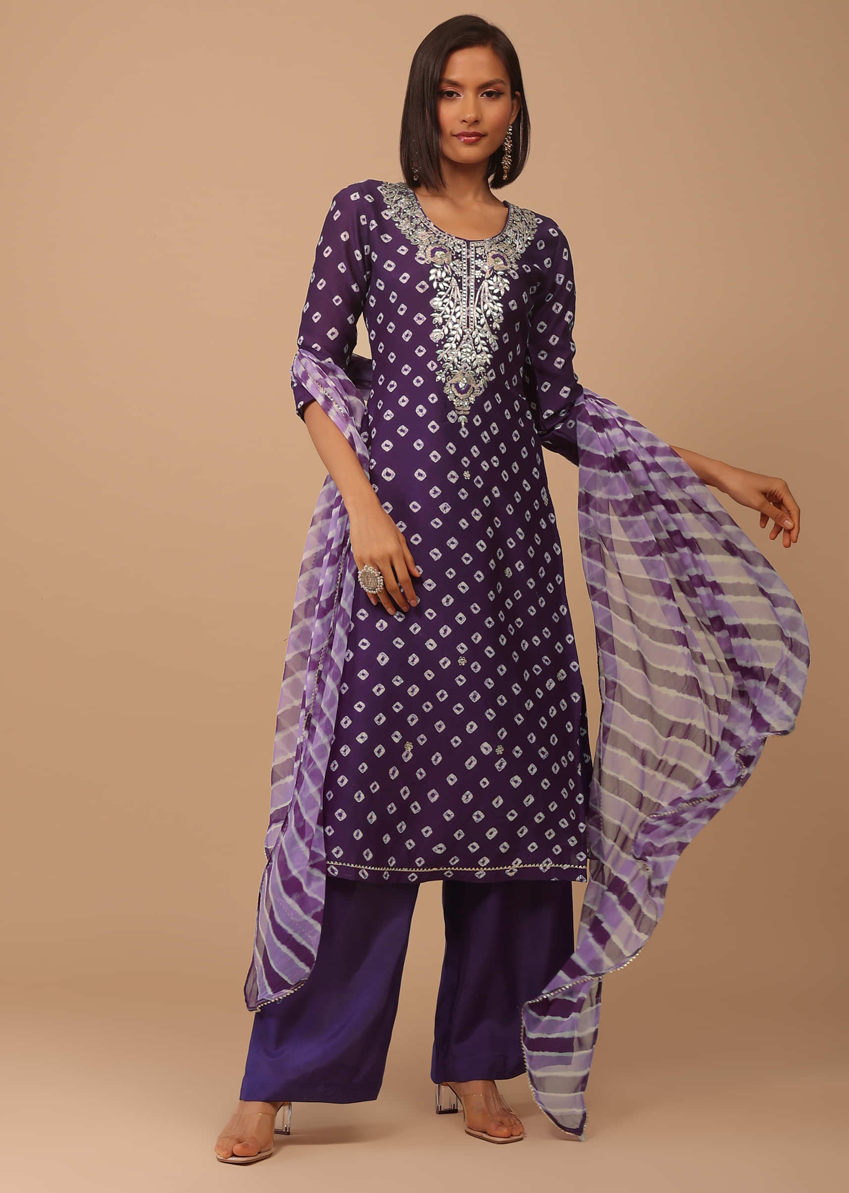 Violet Purple Embroidered Bandhani Printed Chanderi Palazzo Suit With Leheriya Dupatta
