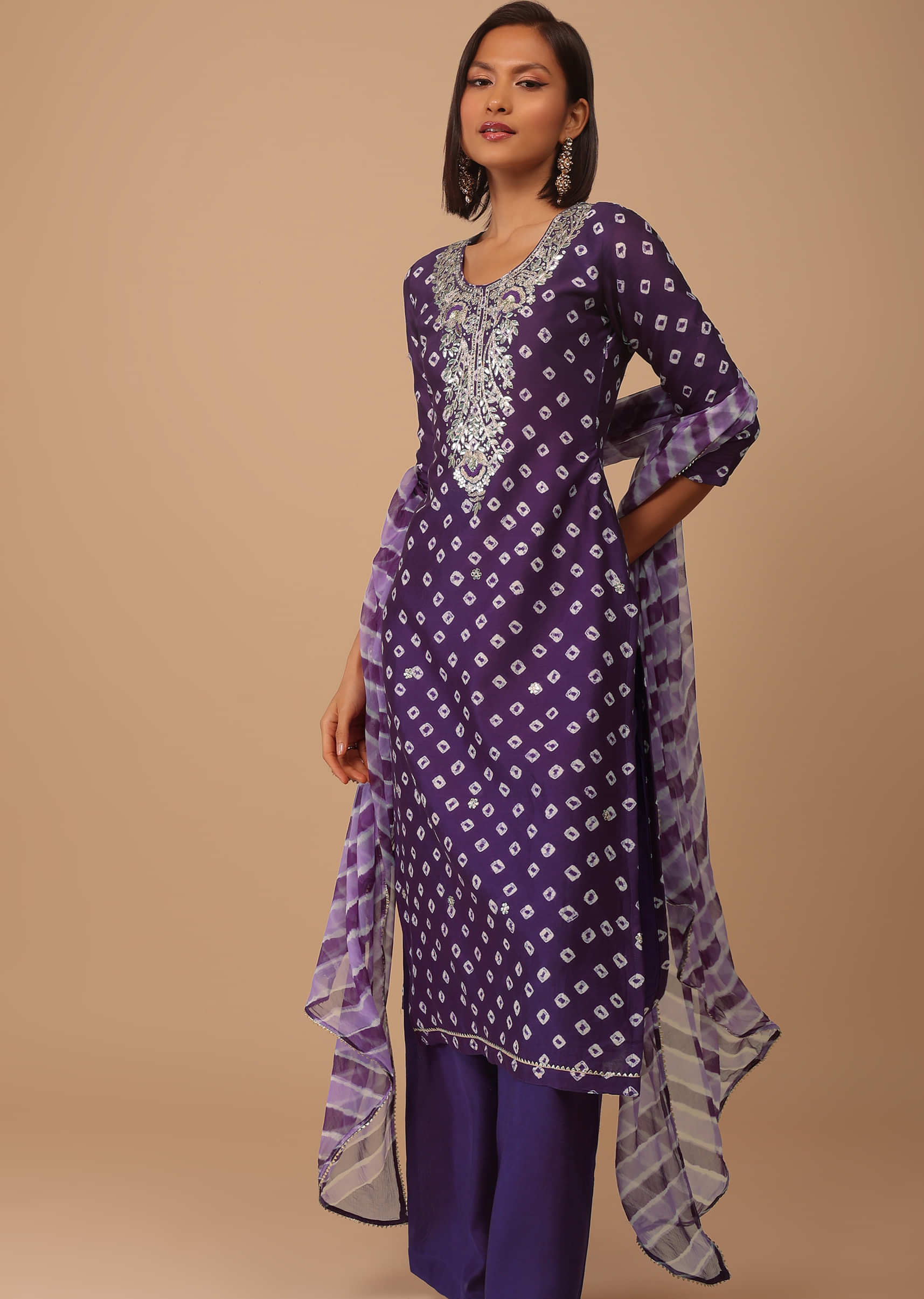 Violet Purple Embroidered Bandhani Printed Chanderi Palazzo Suit With Leheriya Dupatta