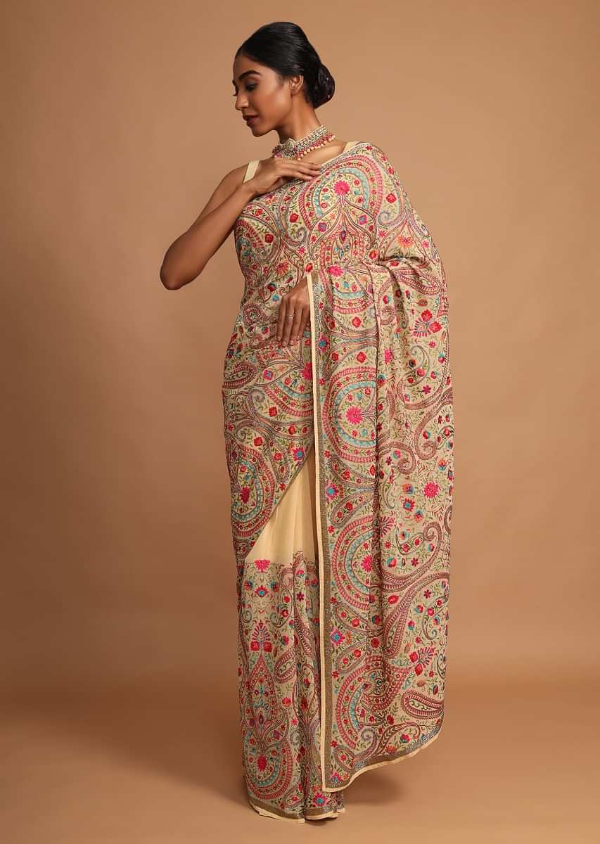 Parmesan Beige Saree With Kashmiri Embroidery In Floral Jaal Design