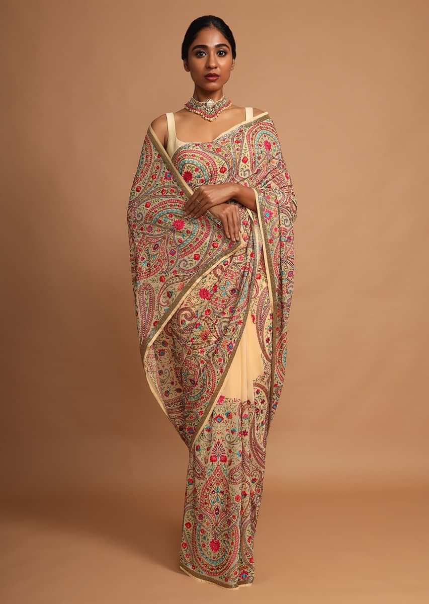 Parmesan Beige Saree With Kashmiri Embroidery In Floral Jaal Design
