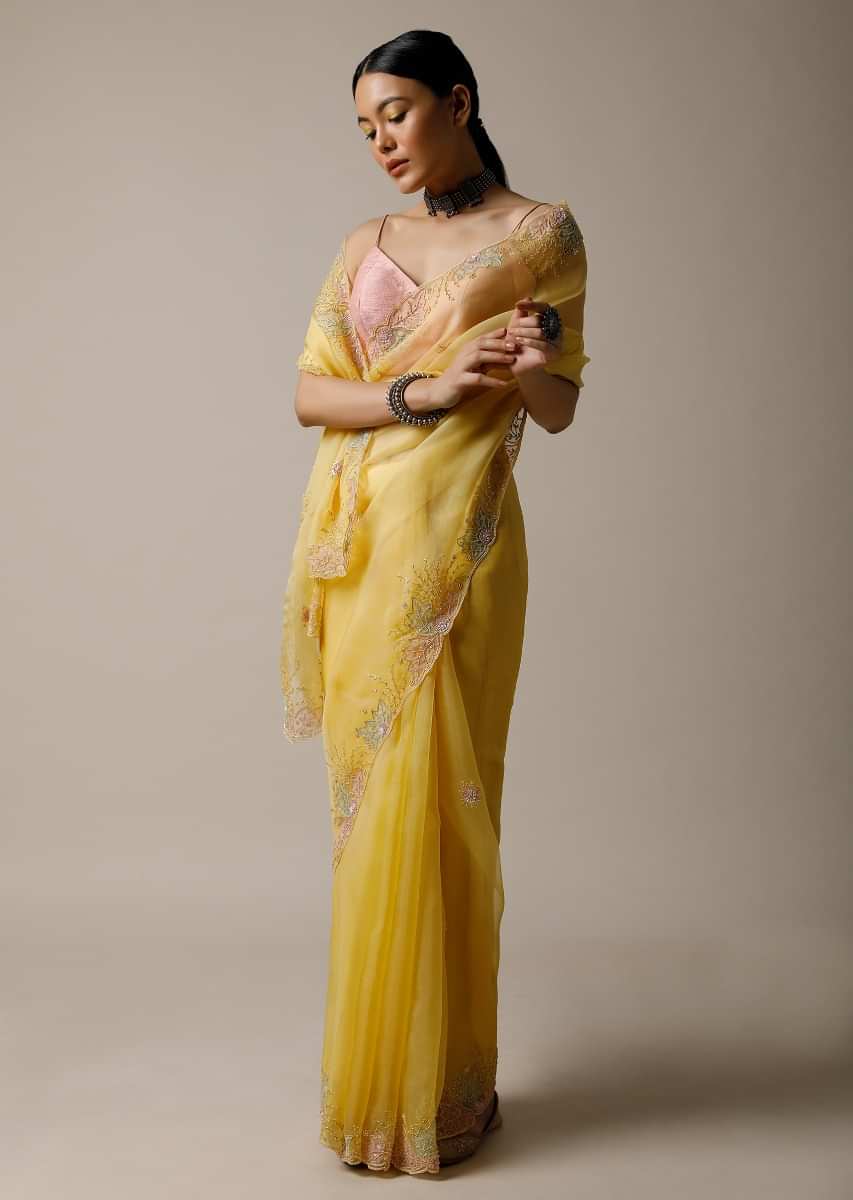 Pastel Yellow Saree In Organza With Beads And Sequins Embroidered Floral Design Along With Unstitched Blouse