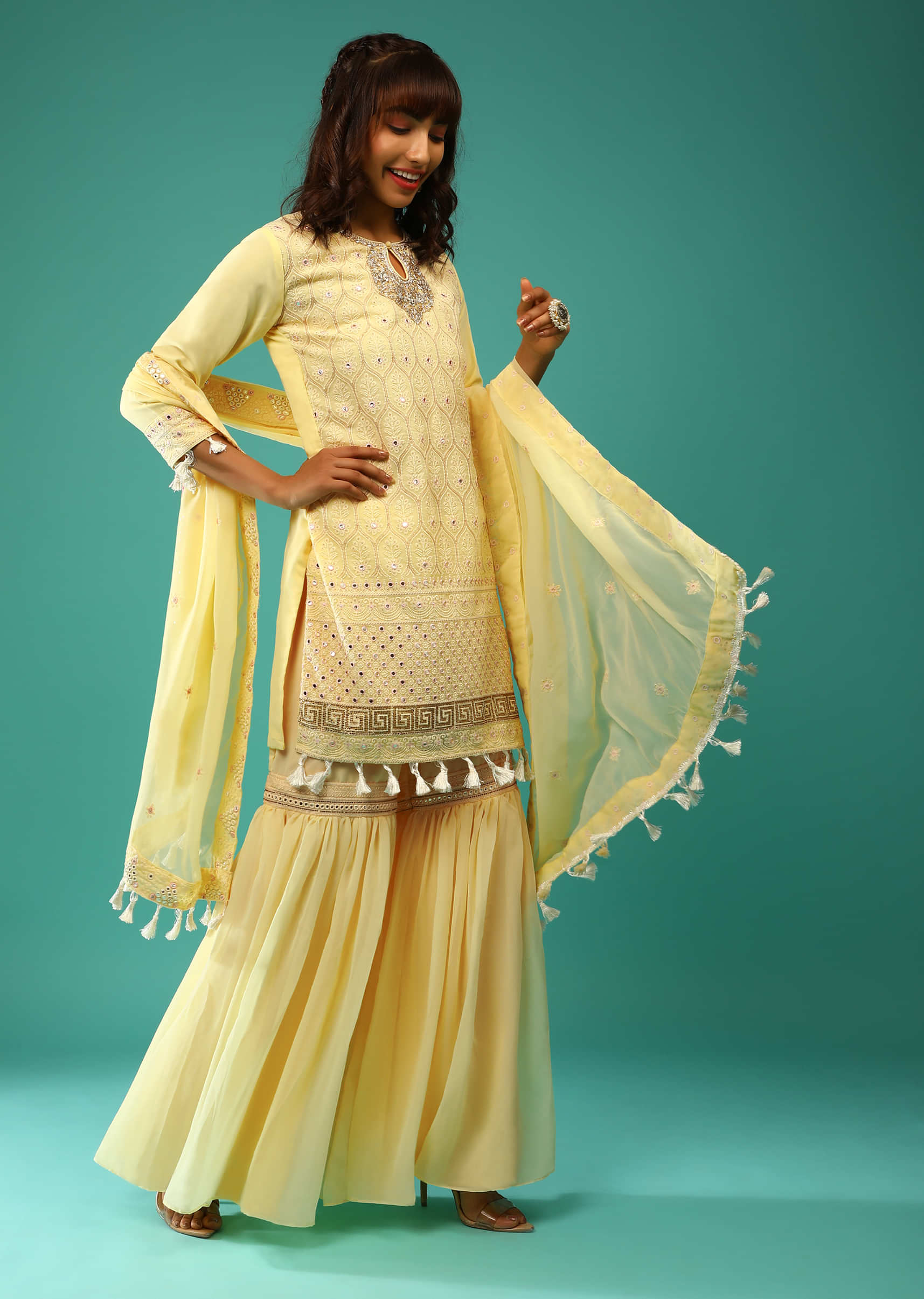 Pastel Yellow Sharara Suit In Georgette With Lucknowi Embroidered Moroccan Jaal Along With Gotta Abla  And Tassel Details  