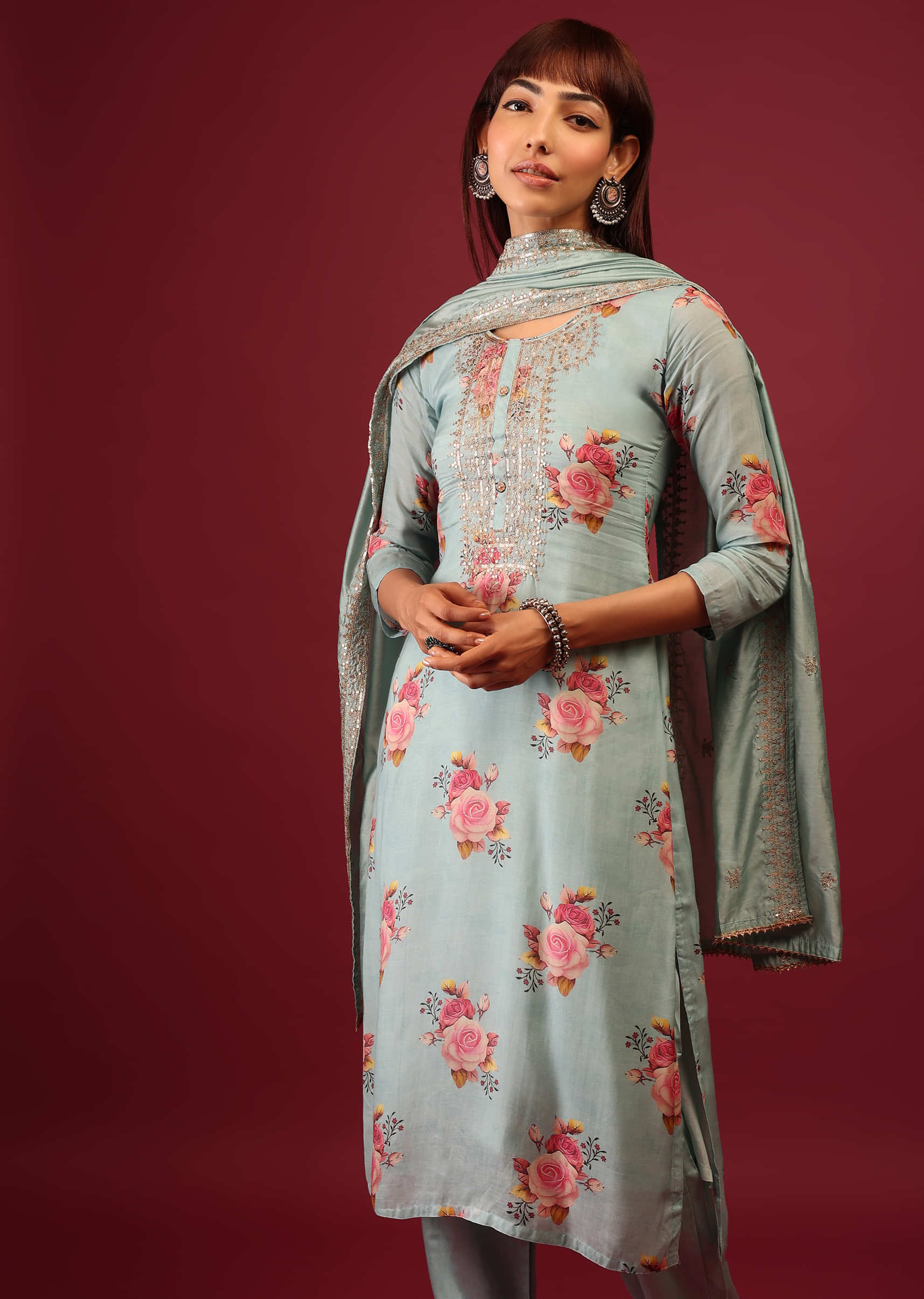 Mint Blue Floral Print Pant Suit In Straight Cut And U Neckline With Zari Embroidery