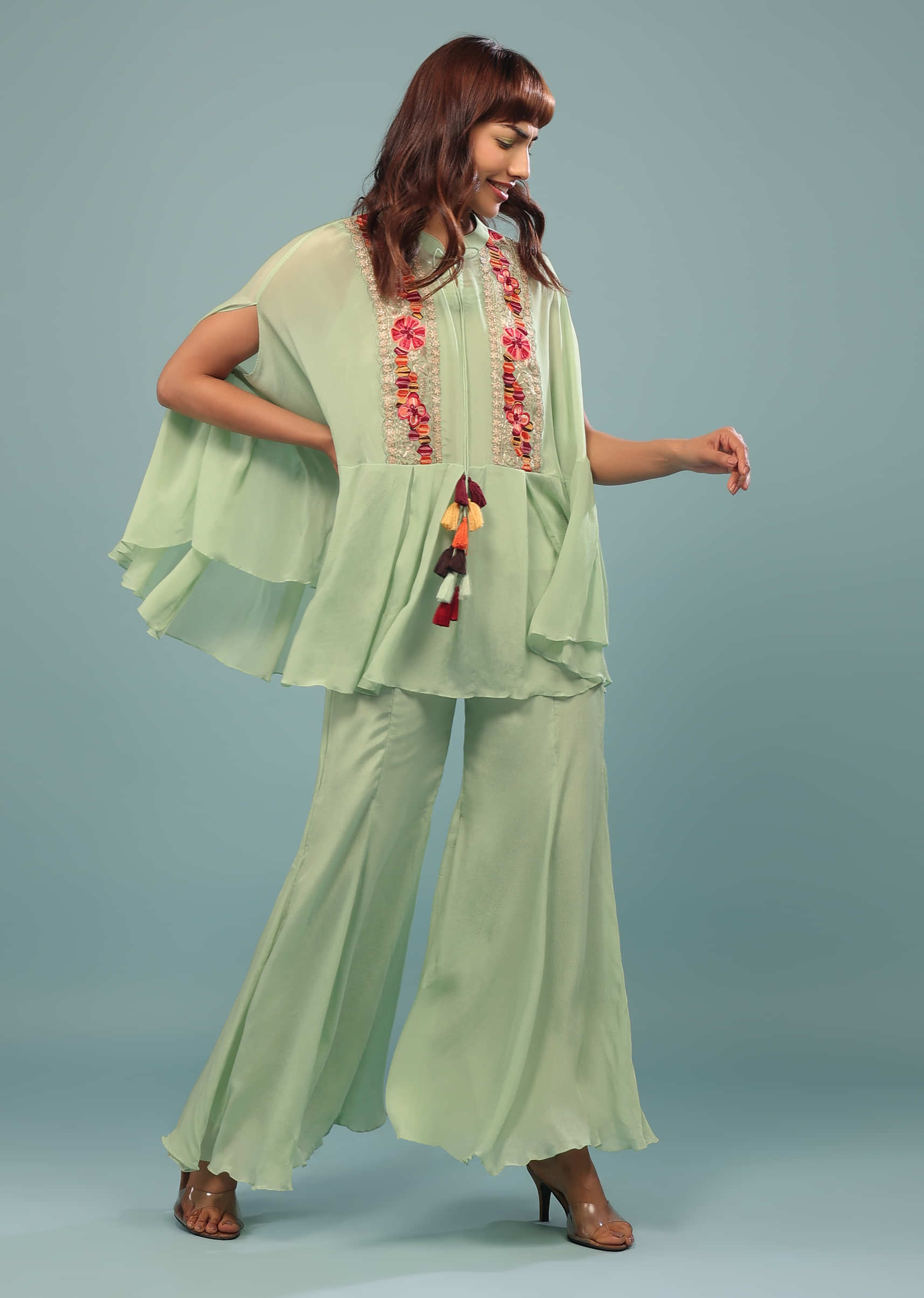 Pista Green Embroidered Pant-Top Set In Chinon
