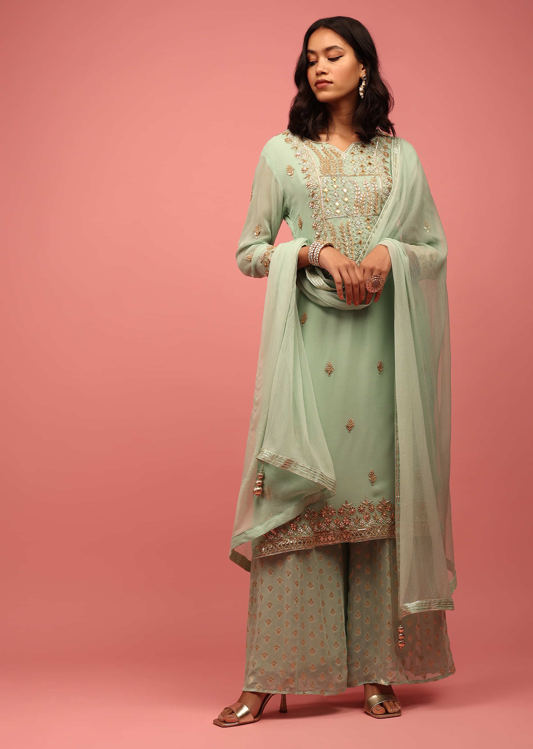 Pastel Green Palazzo Suit Set Hand Embroidered In Georgette With Embroidery