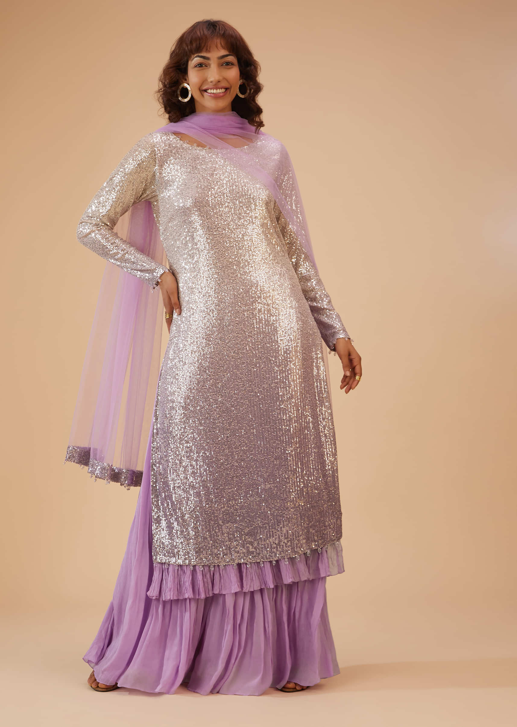 Lilac Purple Palazzo Suit Set In Sequin