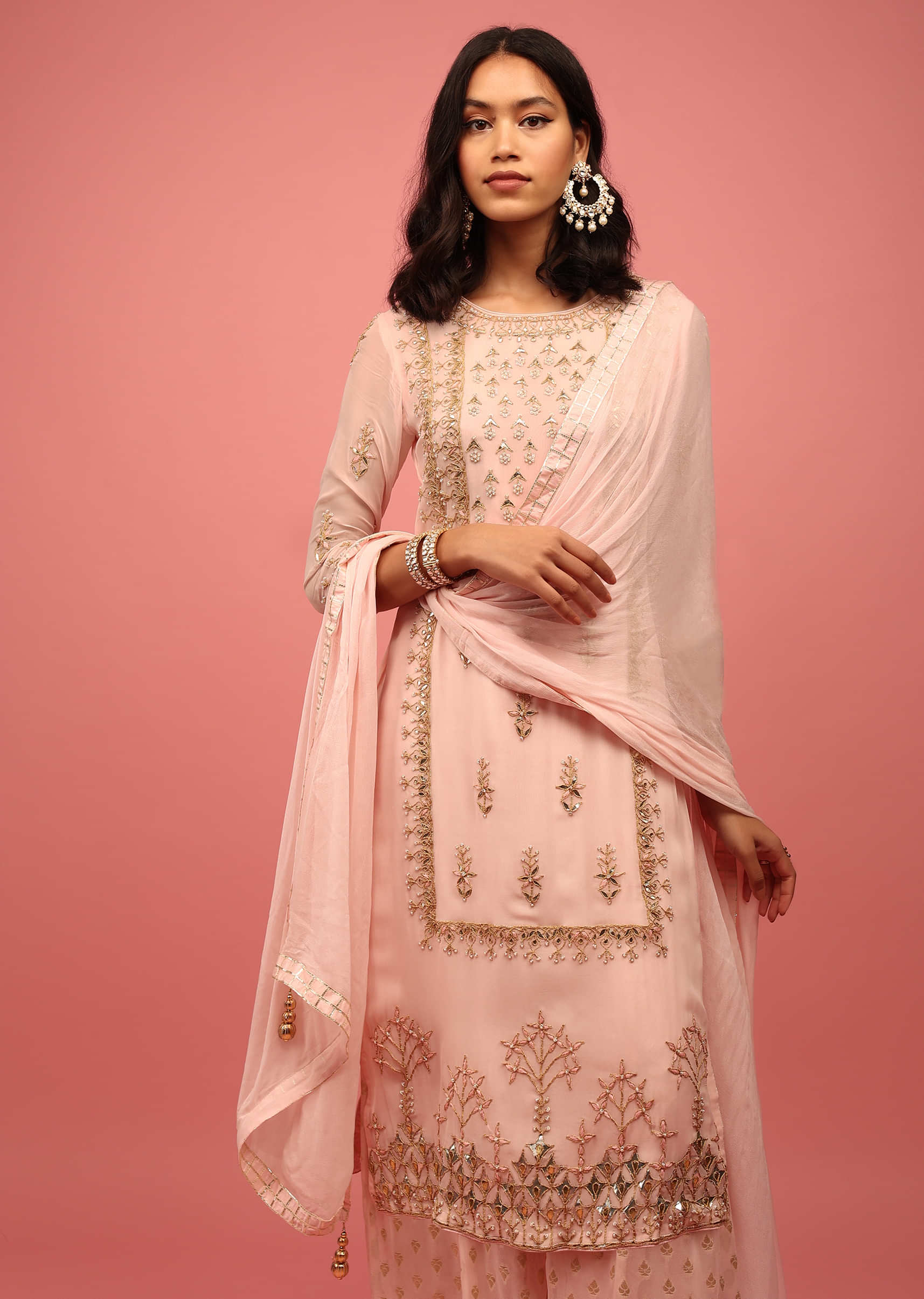 Pastel Peach Palazzo Suit Fully-Handcrafted In Banarasi Georgette With Embroidery