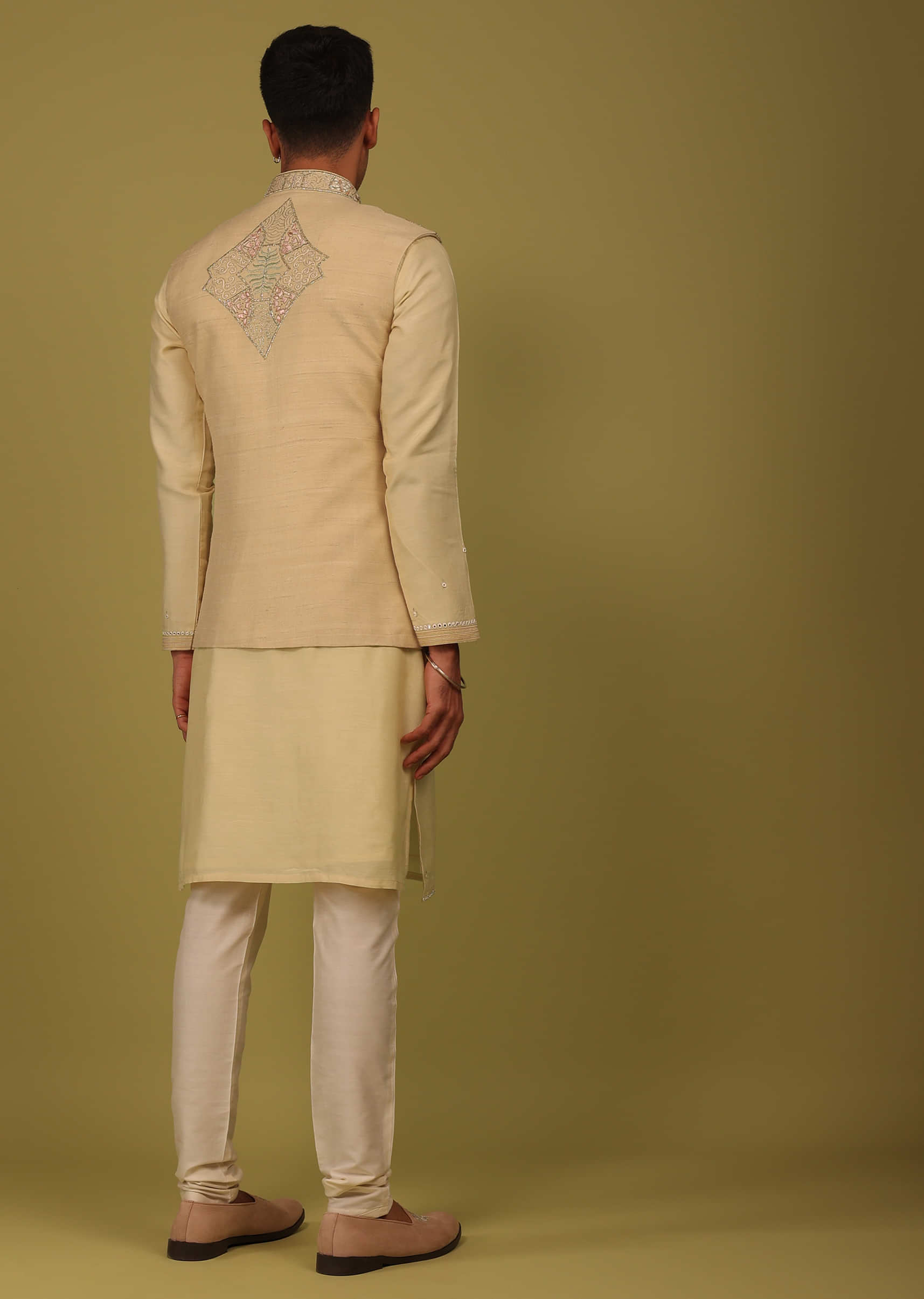 Cream Yellow Art Silk Bandi Jacket Set With Zari And Threadwork