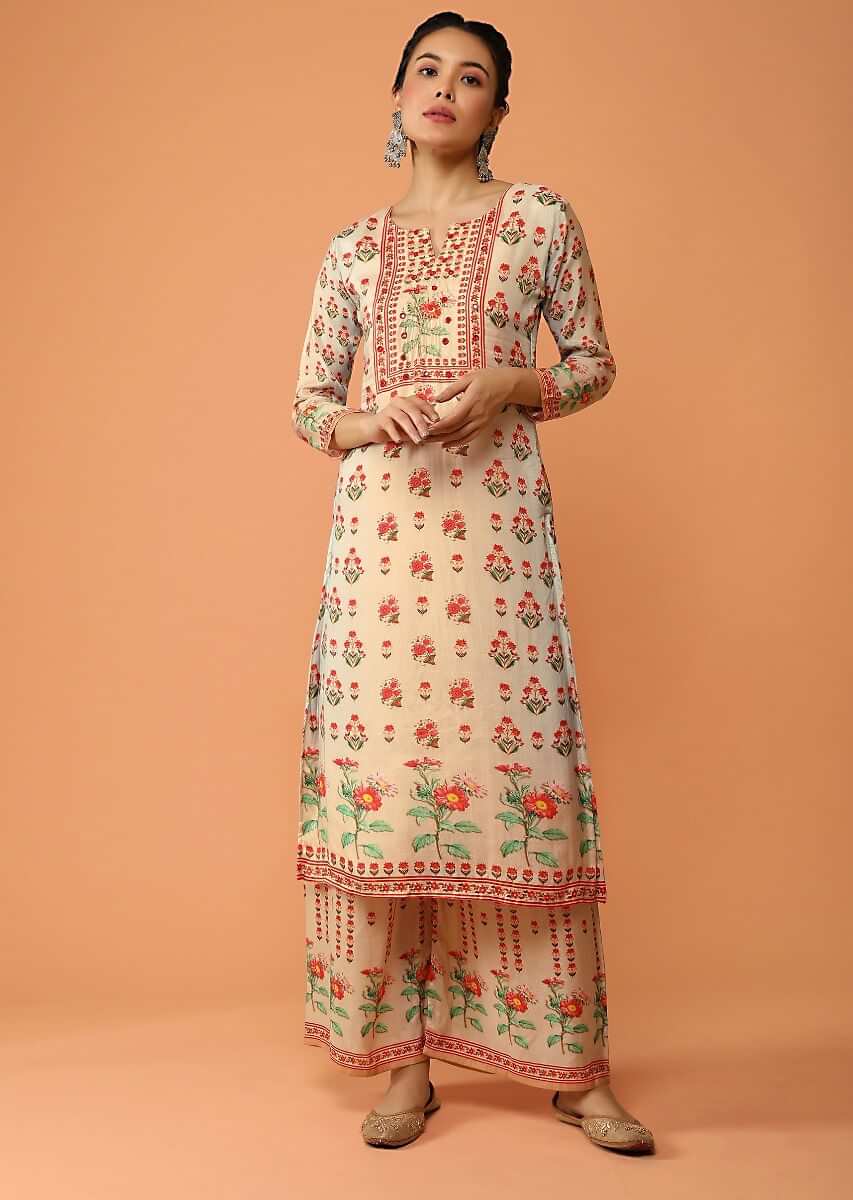 Peach And Grey Shaded Straight Cut Palazzo Suit In Cotton With Abla Work And Floral Printed Buttis