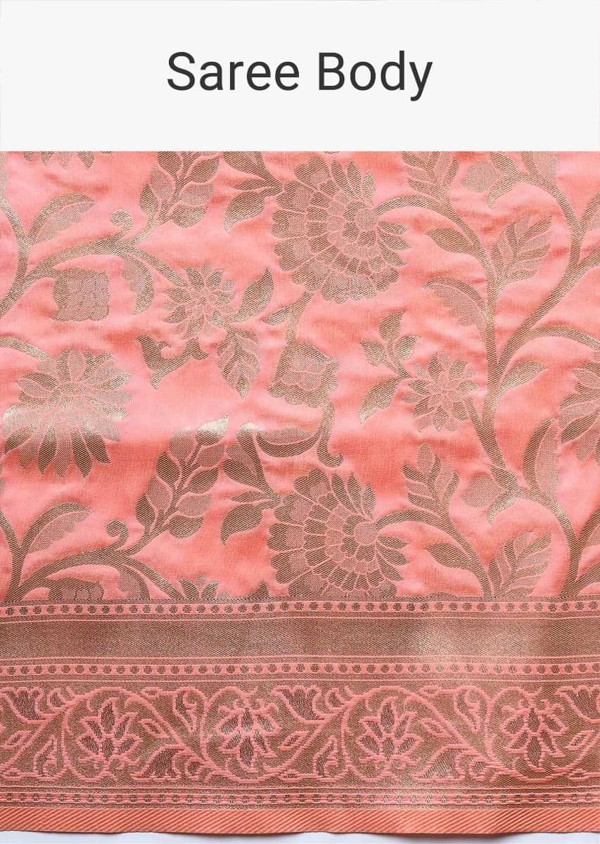 Peach art handloom Saree In Silk With Weaved Floral Jaal