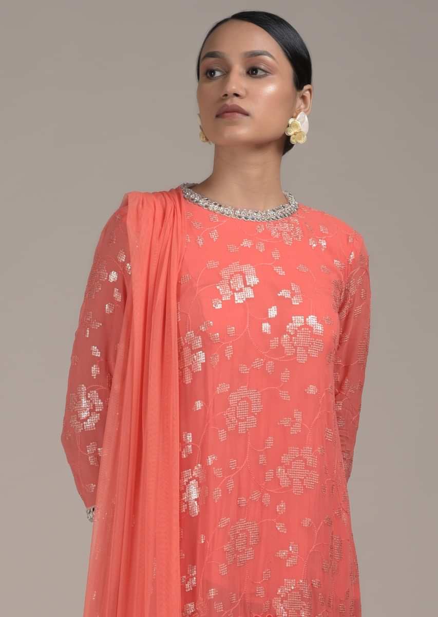 Peach Dhoti Suit With Flared Frill Kurti Embroidered Using Sequins And Thread In Floral Design  