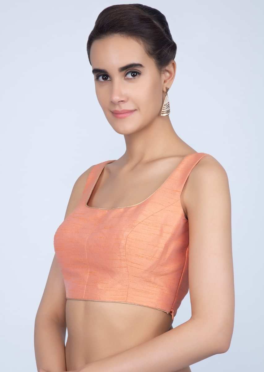 Peach Blouse In Raw Silk With Golden Piping