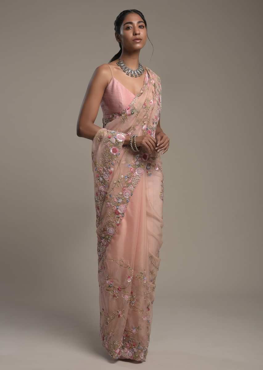 Peach Saree In Organza With Hand Embroidered Colorful Resham Work And Unstitched Blouse  