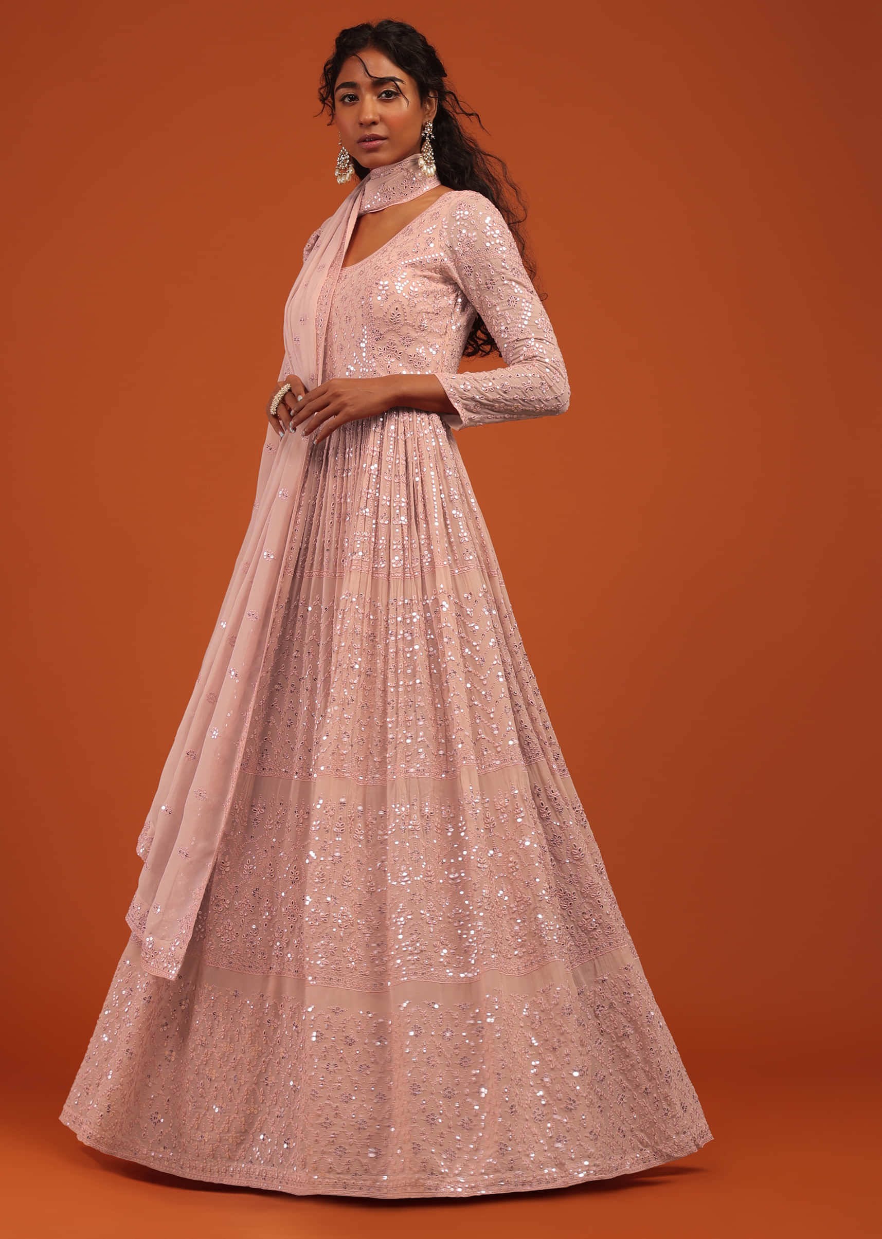 Peach Anarkali Suit Set With Sequins and Threadwork