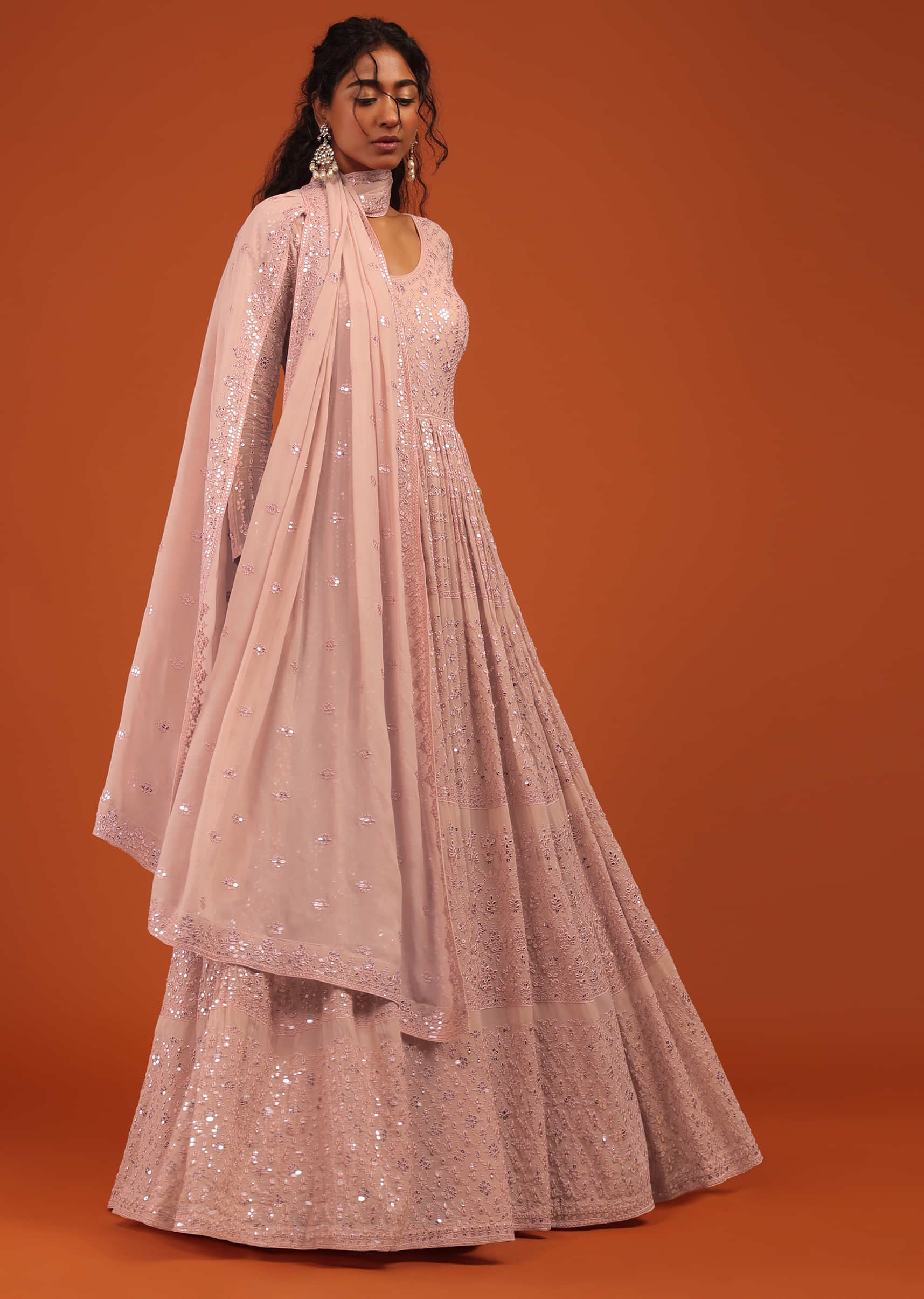 Peach Anarkali Suit Set With Sequins and Threadwork