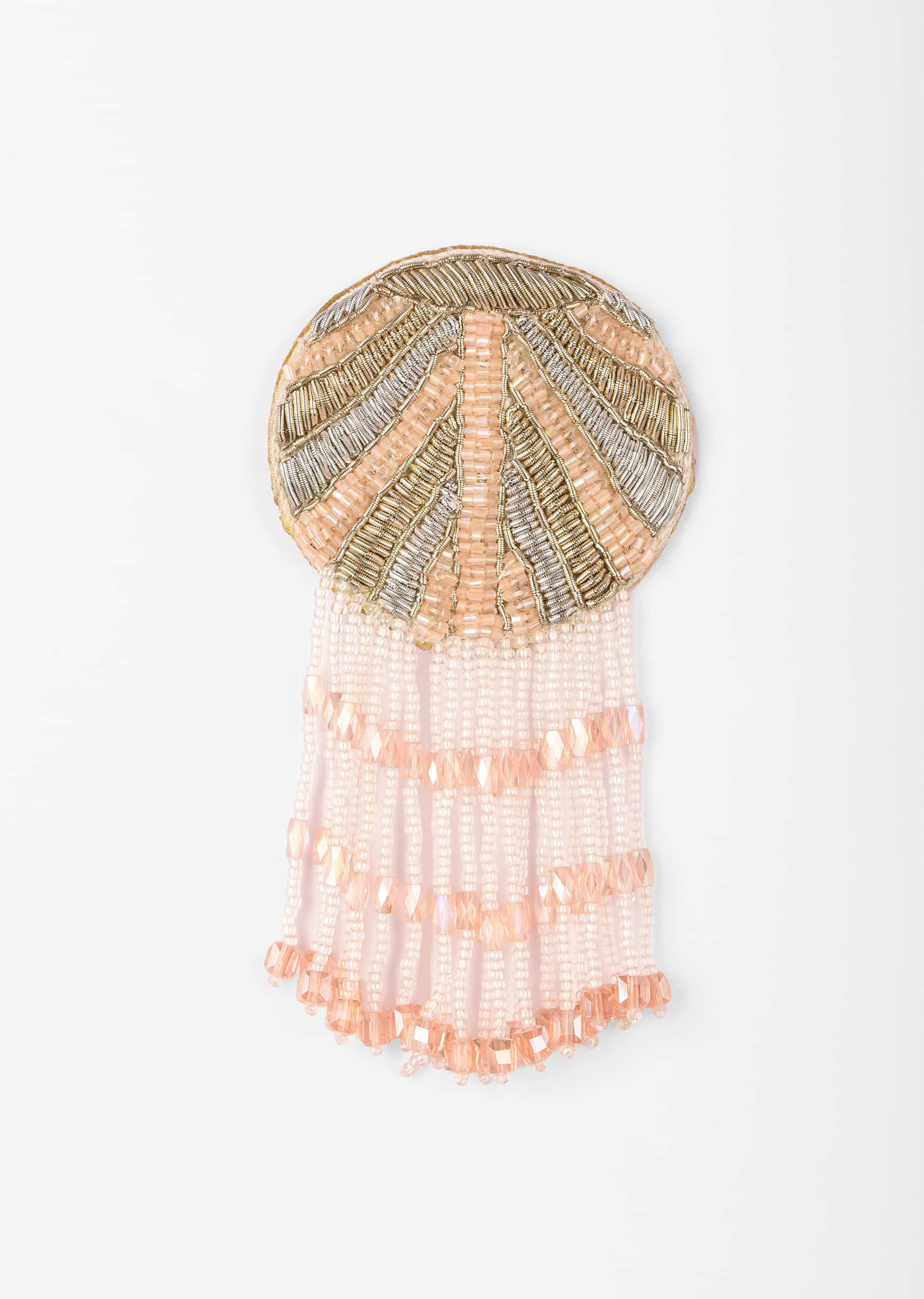 Peach Earrings With Cut Dana And Two Toned Zardosi Work Along With Fringe Detail 