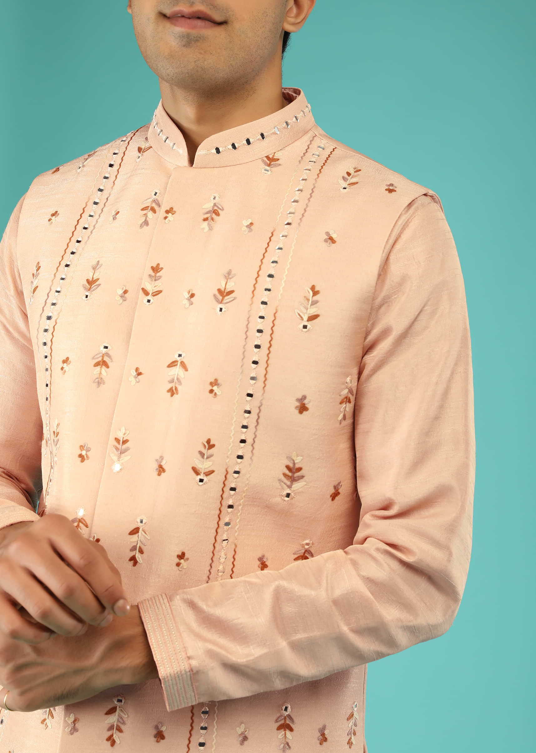 Peach Nehru Jacket And Kurta Set With Multi Colored Resham Embroidered Floral Buttis