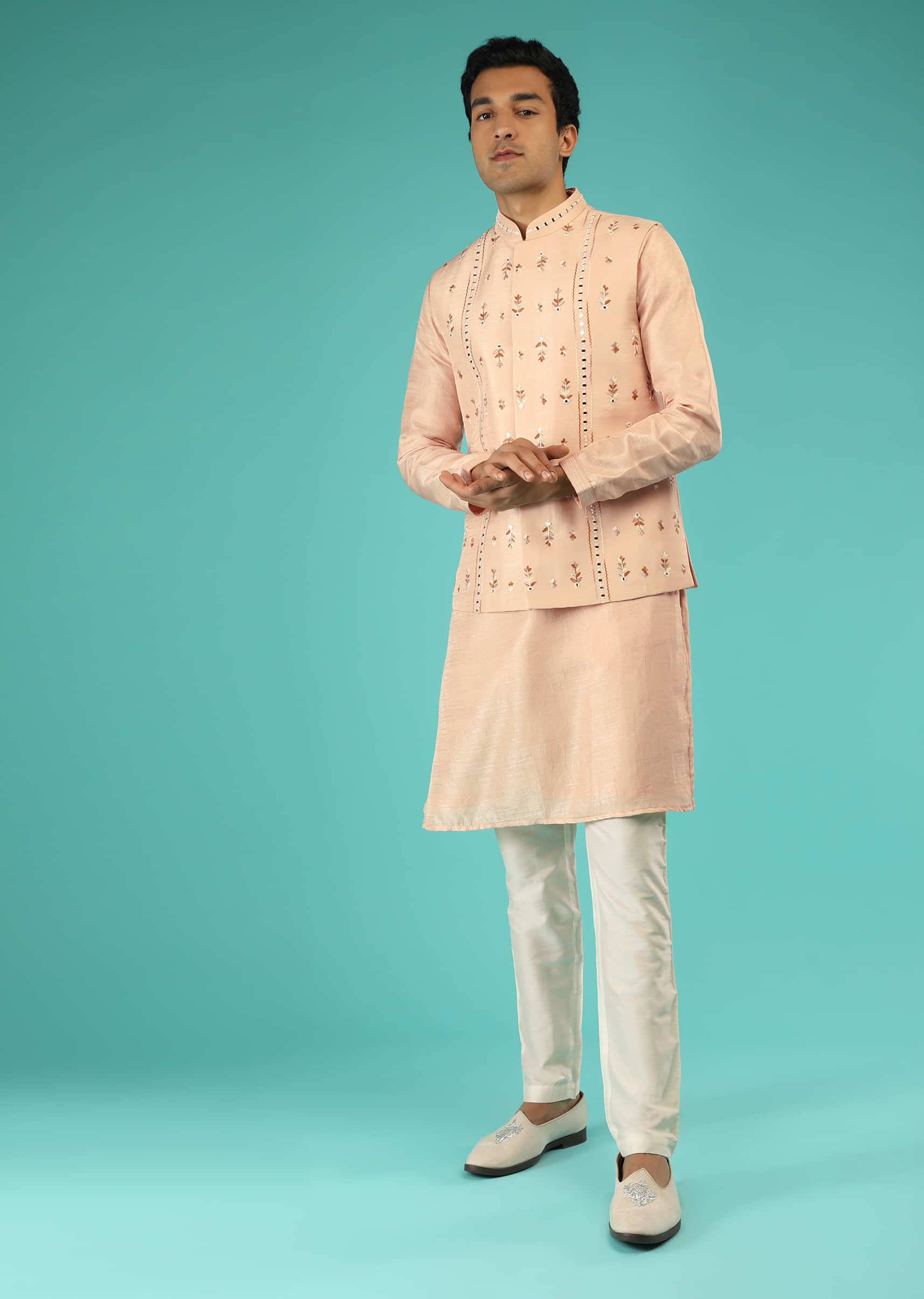 Peach Nehru Jacket And Kurta Set With Multi Colored Resham Embroidered Floral Buttis