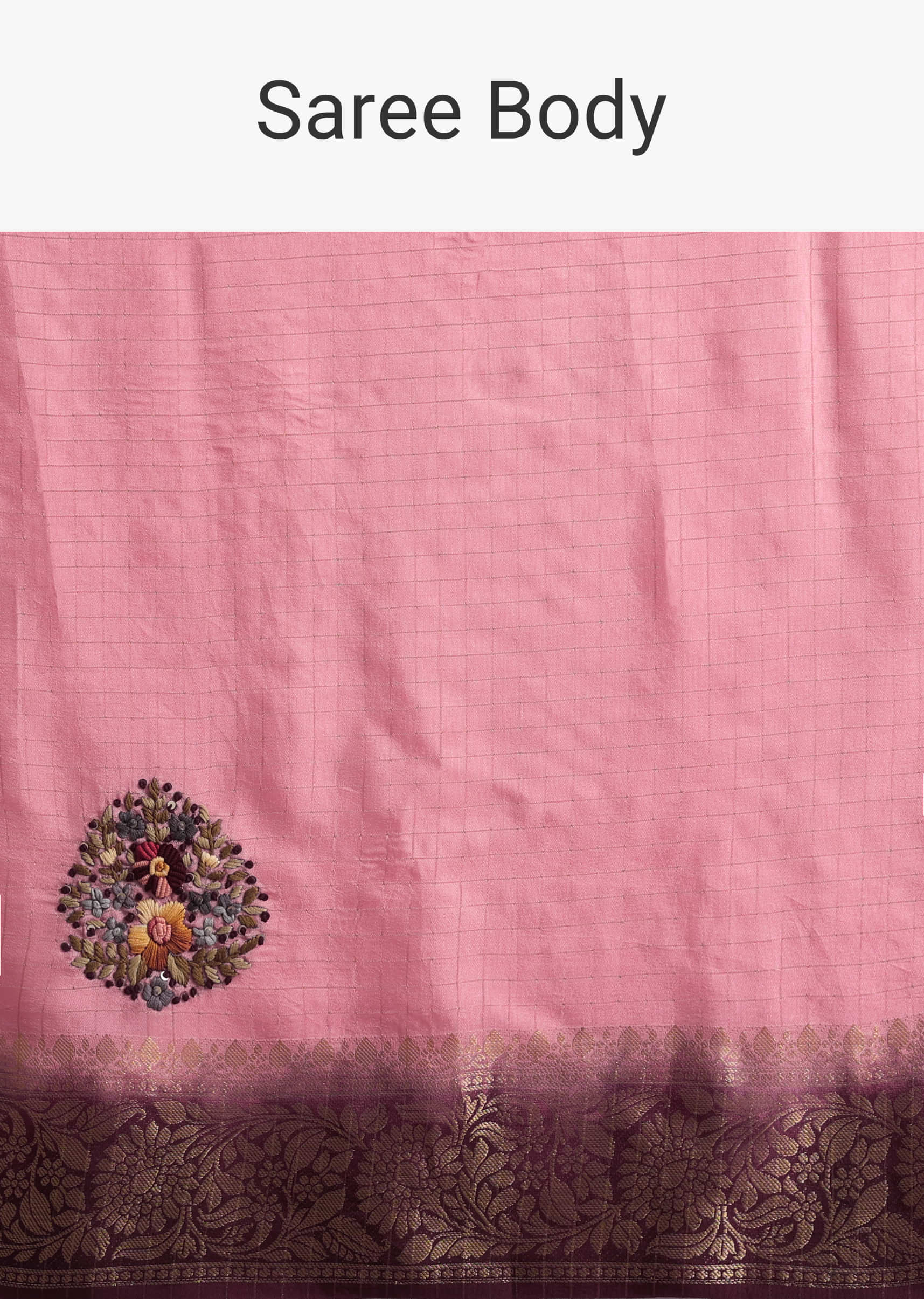 Peach Pink And Purple Ombre Saree In Georgette Tussar With Brocade, Zari, And Resham 3D Bud Embroidery