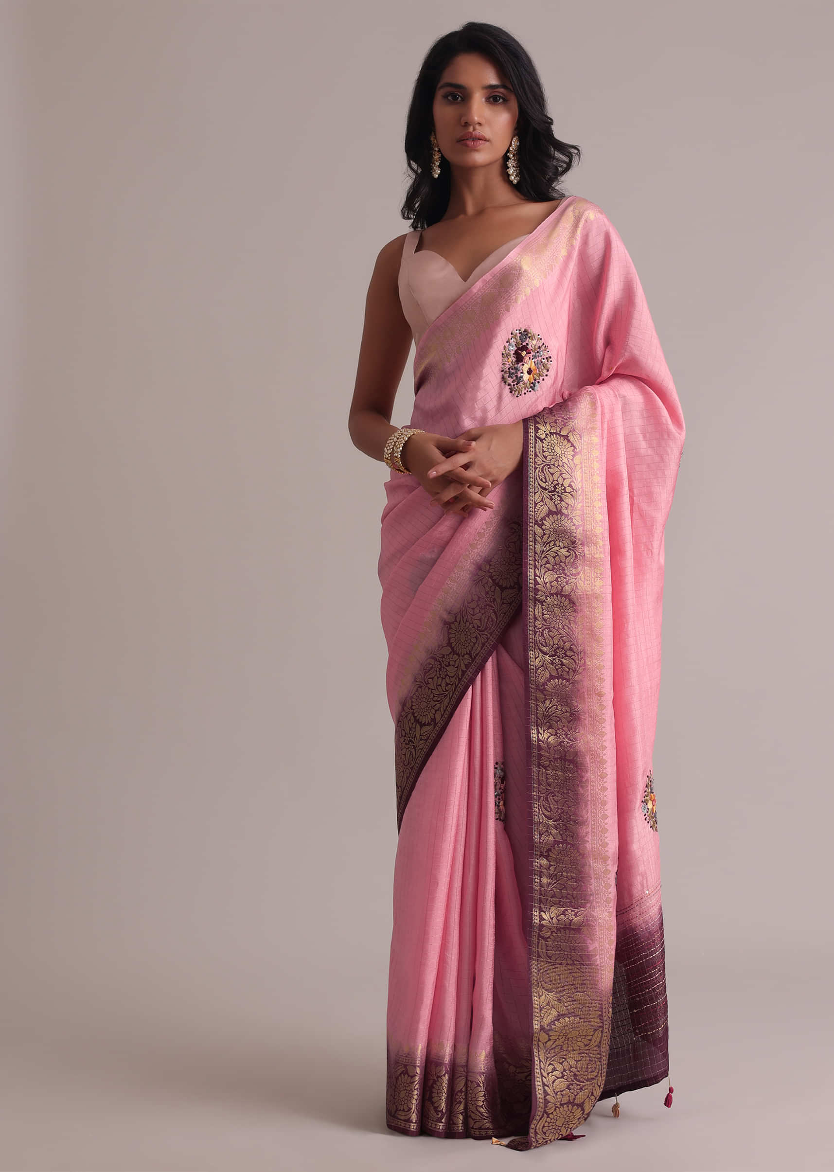 Peach Pink And Purple Ombre Saree In Georgette Tussar With Brocade, Zari, And Resham 3D Bud Embroidery