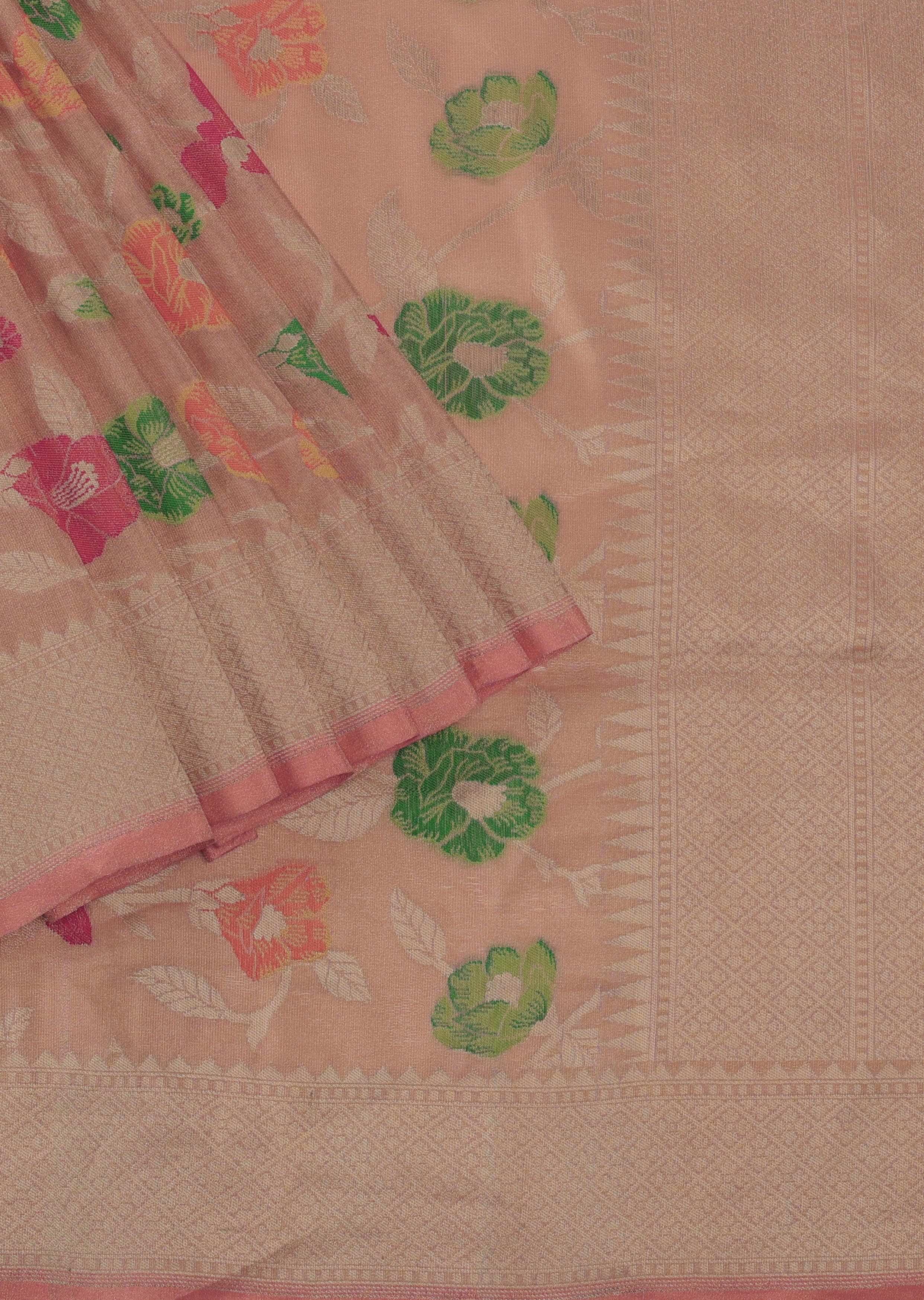 Peach Pink Banarasi Saree With Kadhava Jaal Weave And Meenakari Work In Katan Silk