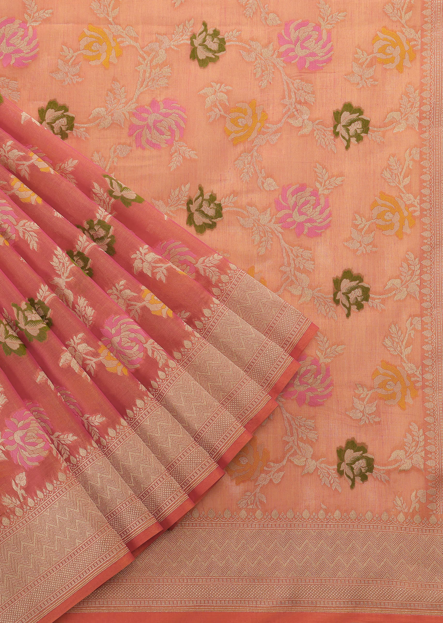 Peach Pink Handloom Banarasi Saree In Kora Silk With Meenakari Weave