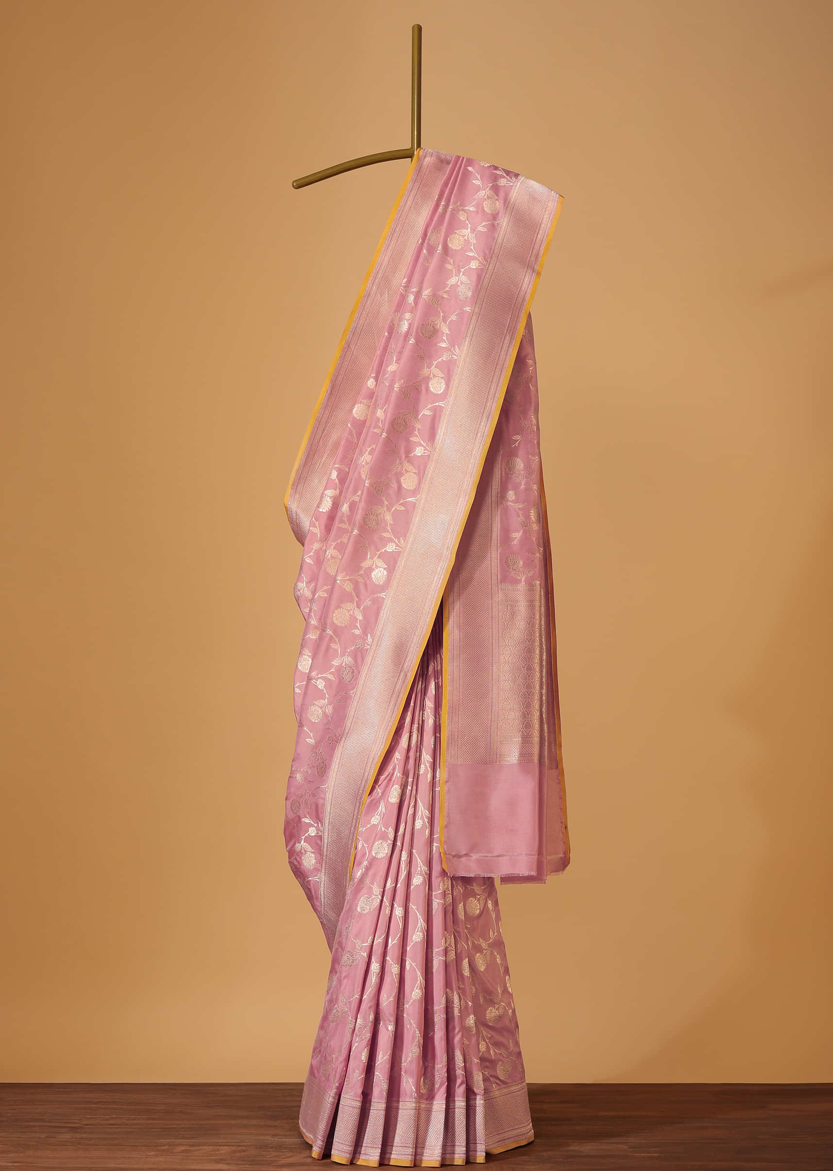 Peach Pink Handloom Banarasi Saree In Uppada Silk With Meenakari Rose Gold Weave