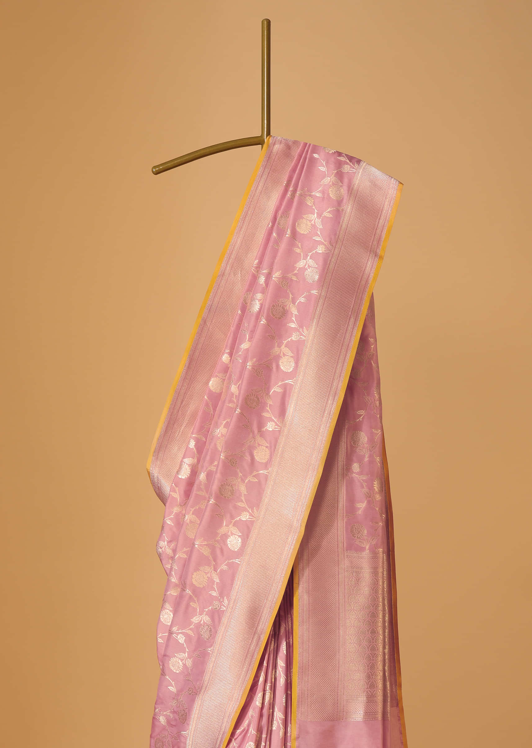 Peach Pink Handloom Banarasi Saree In Uppada Silk With Meenakari Rose Gold Weave