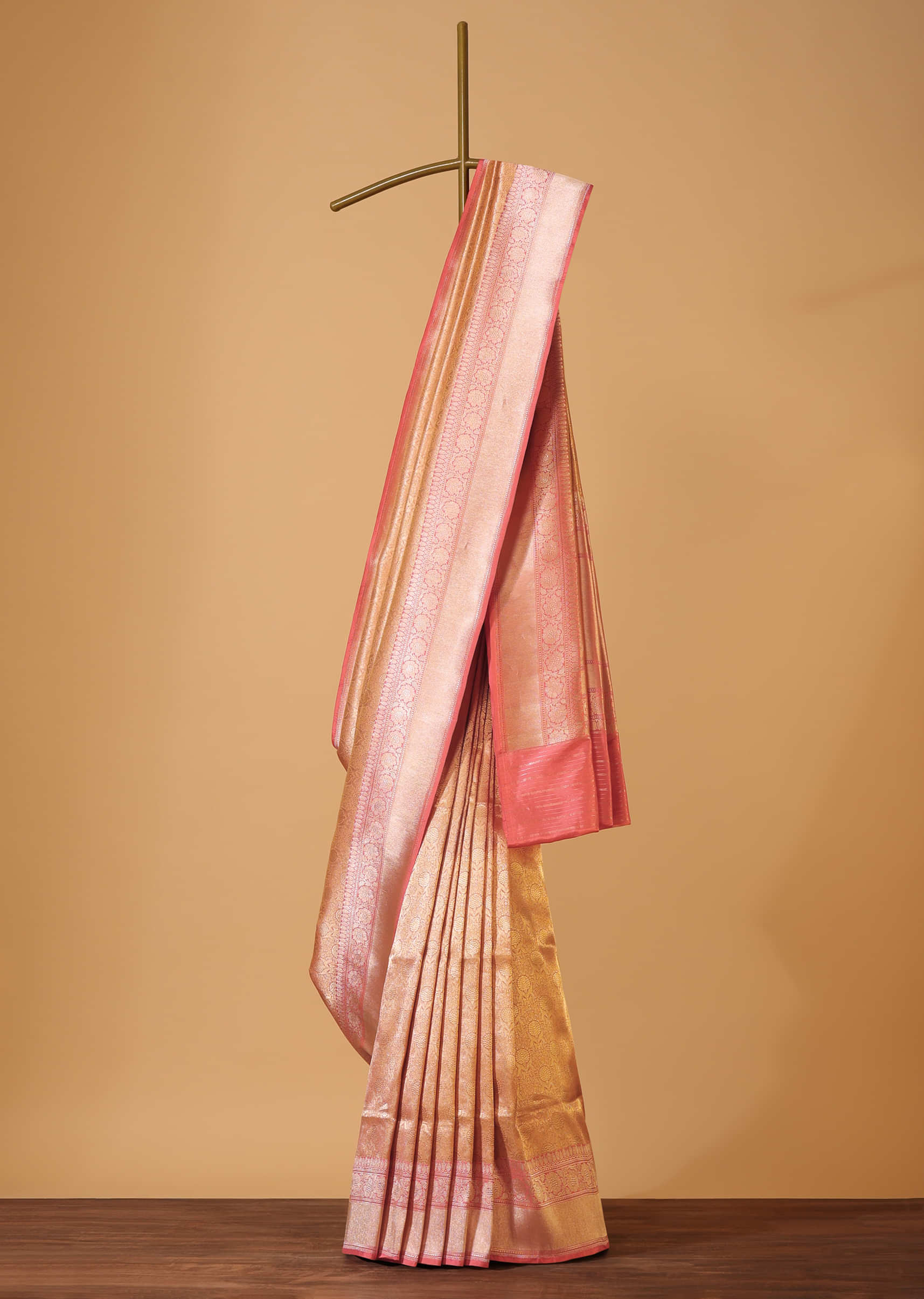 Peach Pink Handloom Banarasi Saree With Brocade Weave In Uppada Silk