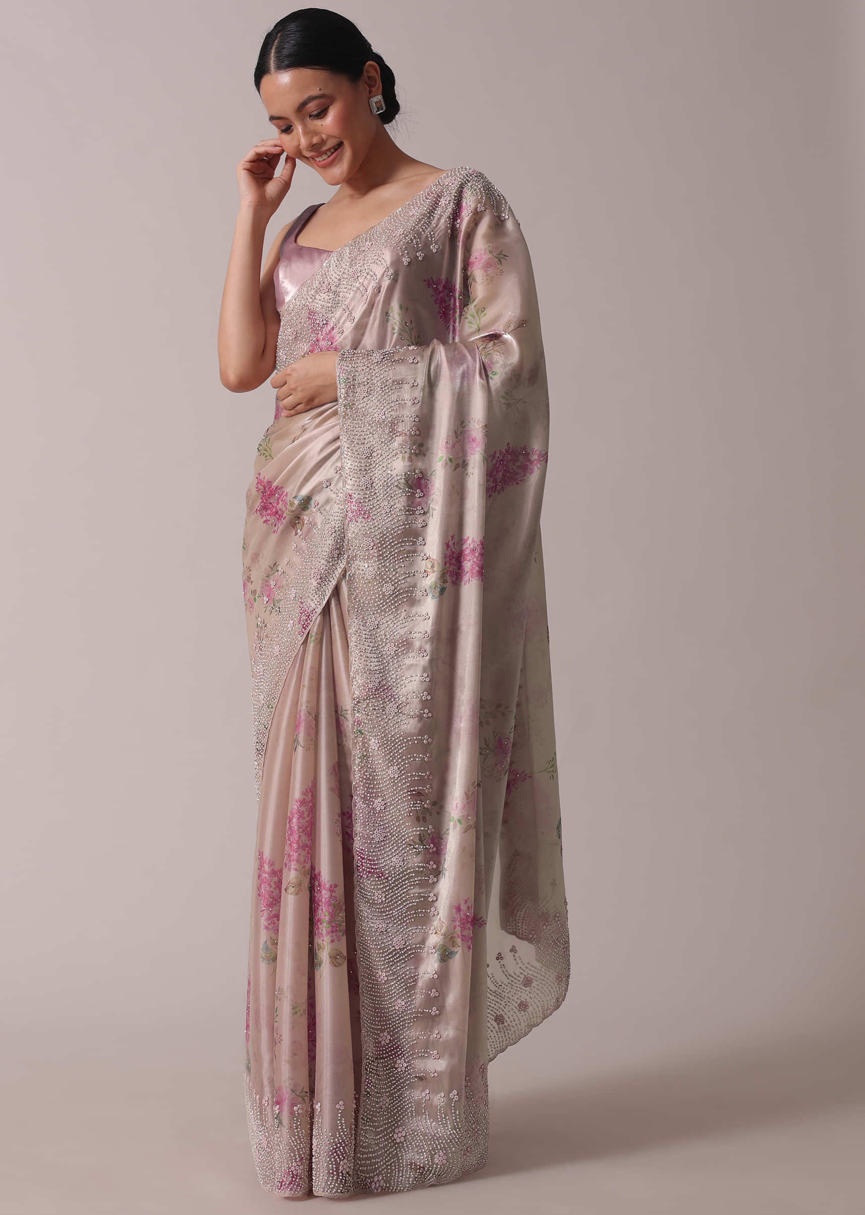 Beige Printed Festive Saree With Embroidery In Satin Organza