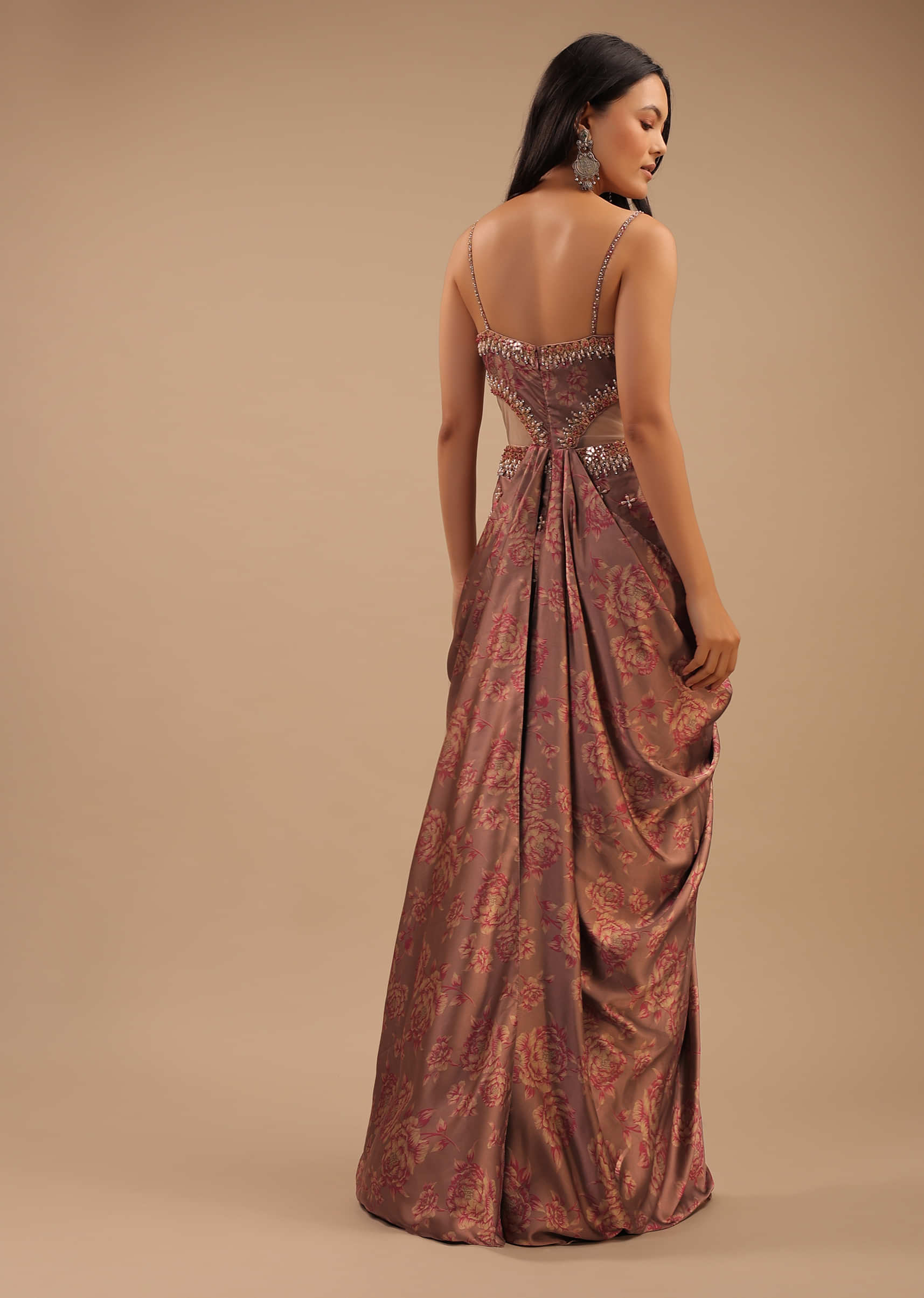 Peach Pink Satin Sharara Jumpsuit With Floral Print And Cowl Drape On The Waist