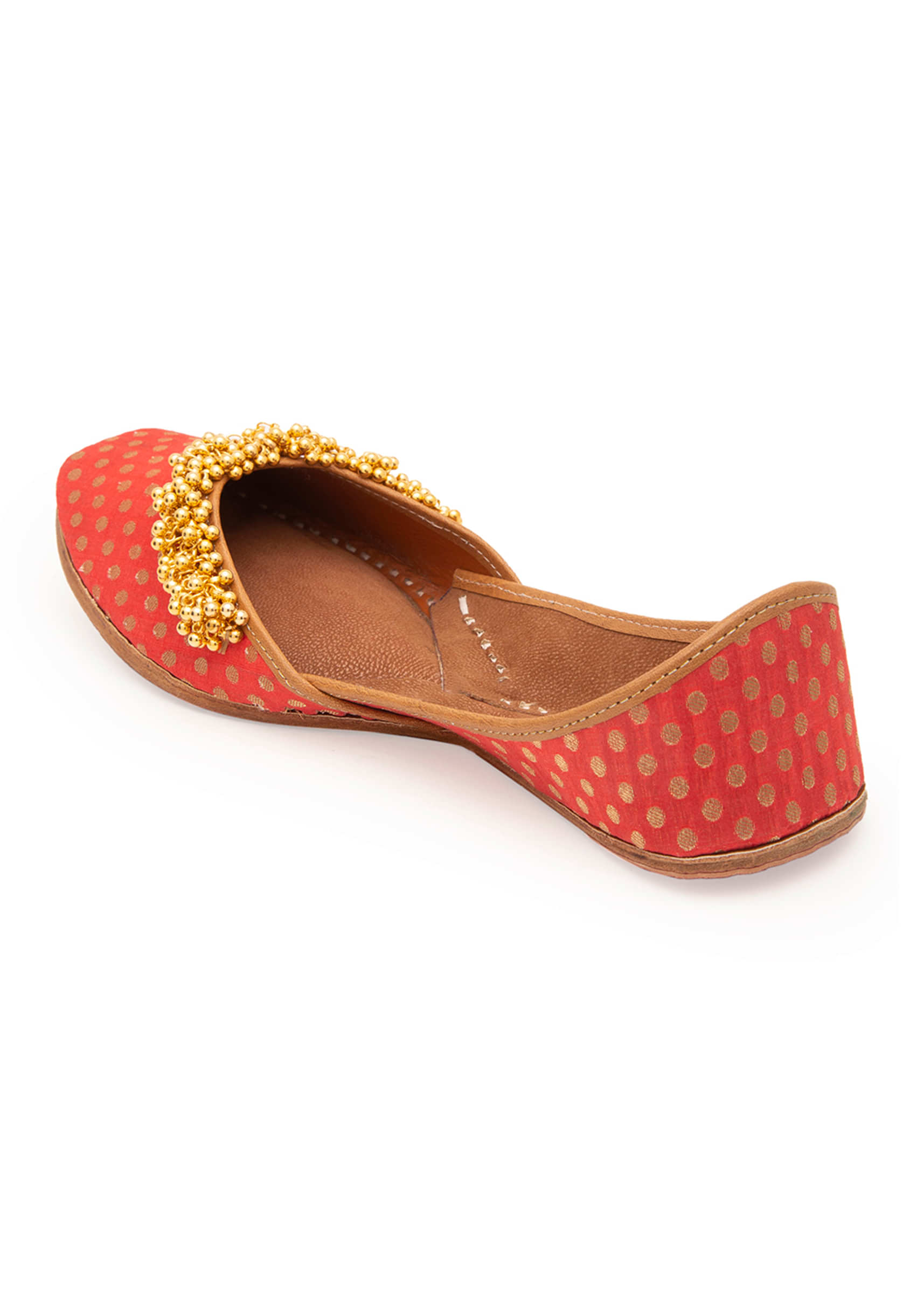 Peach Polka Dots Print Juttis In Silk With Ghungroo Embellishment And Leather Underlining