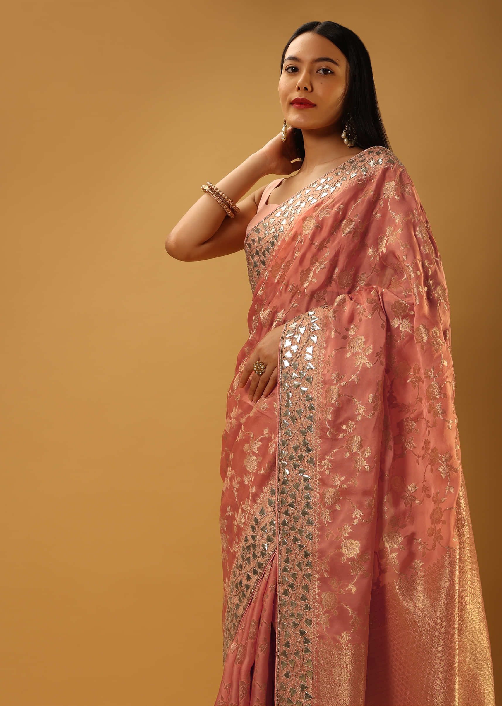 Peach Saree With Woven Floral Jaal And Gotta Patti Embroidered Border  