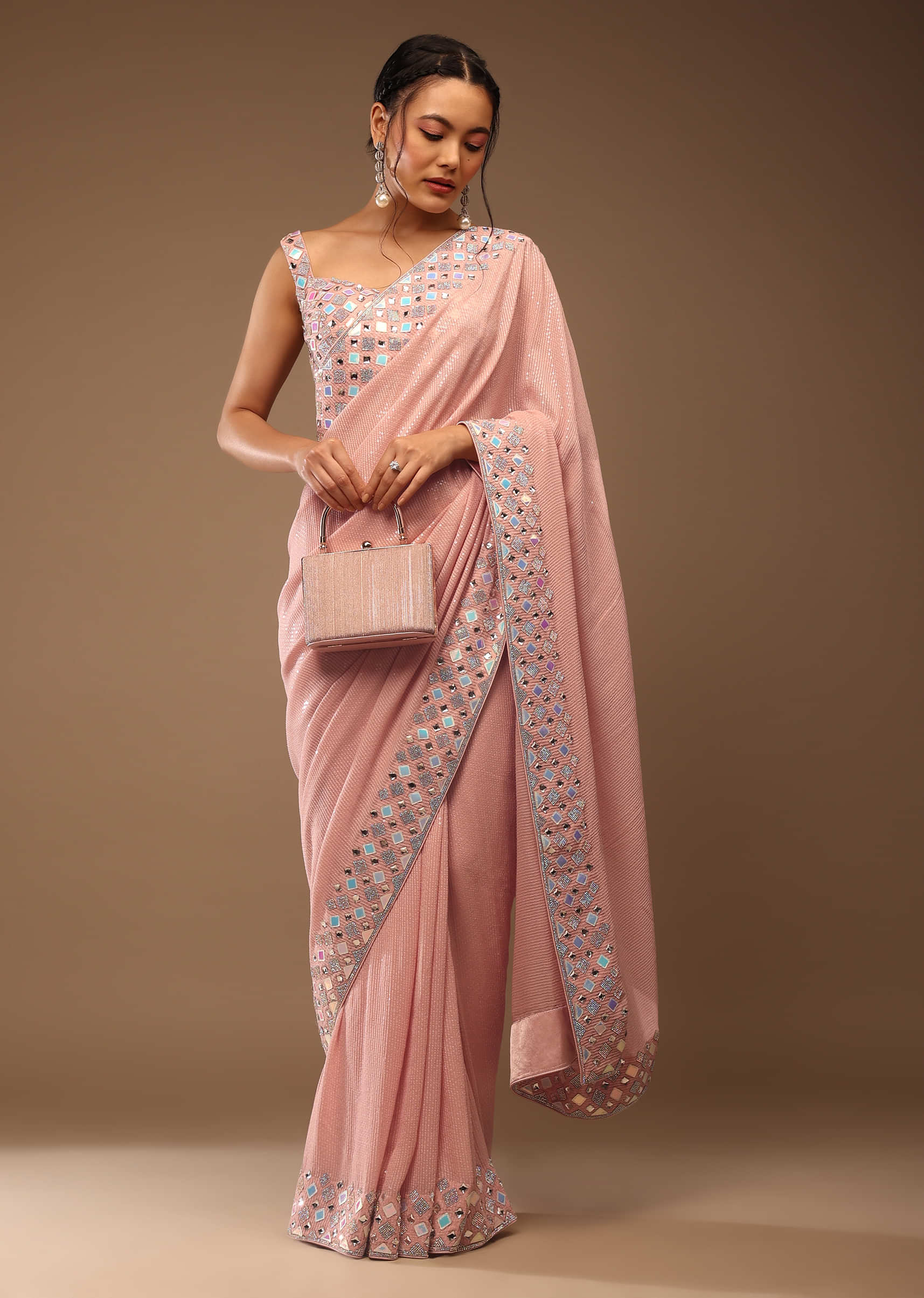 Peach Skin Saree With A Crop Top In Iridescent Foil Embellishment