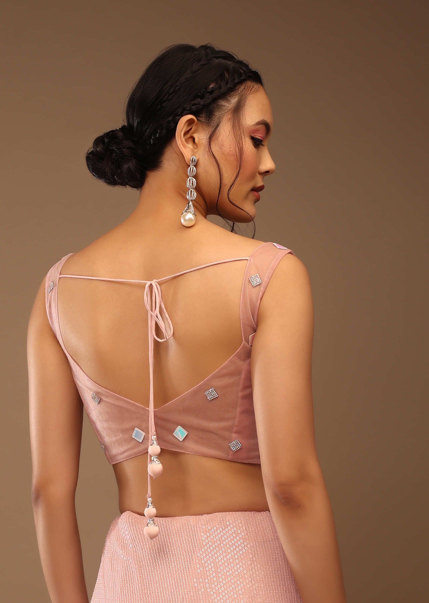 Peach Skin Saree With A Crop Top In Iridescent Foil Embellishment
