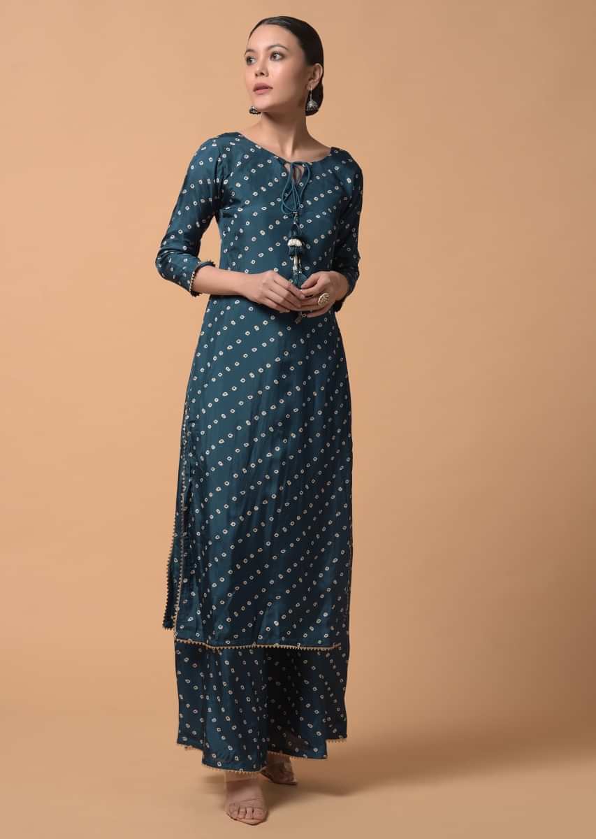 Peacock Blue Palazzo Suit In Satin Silk With Bandhani Print All Over Online - Kalki Fashion