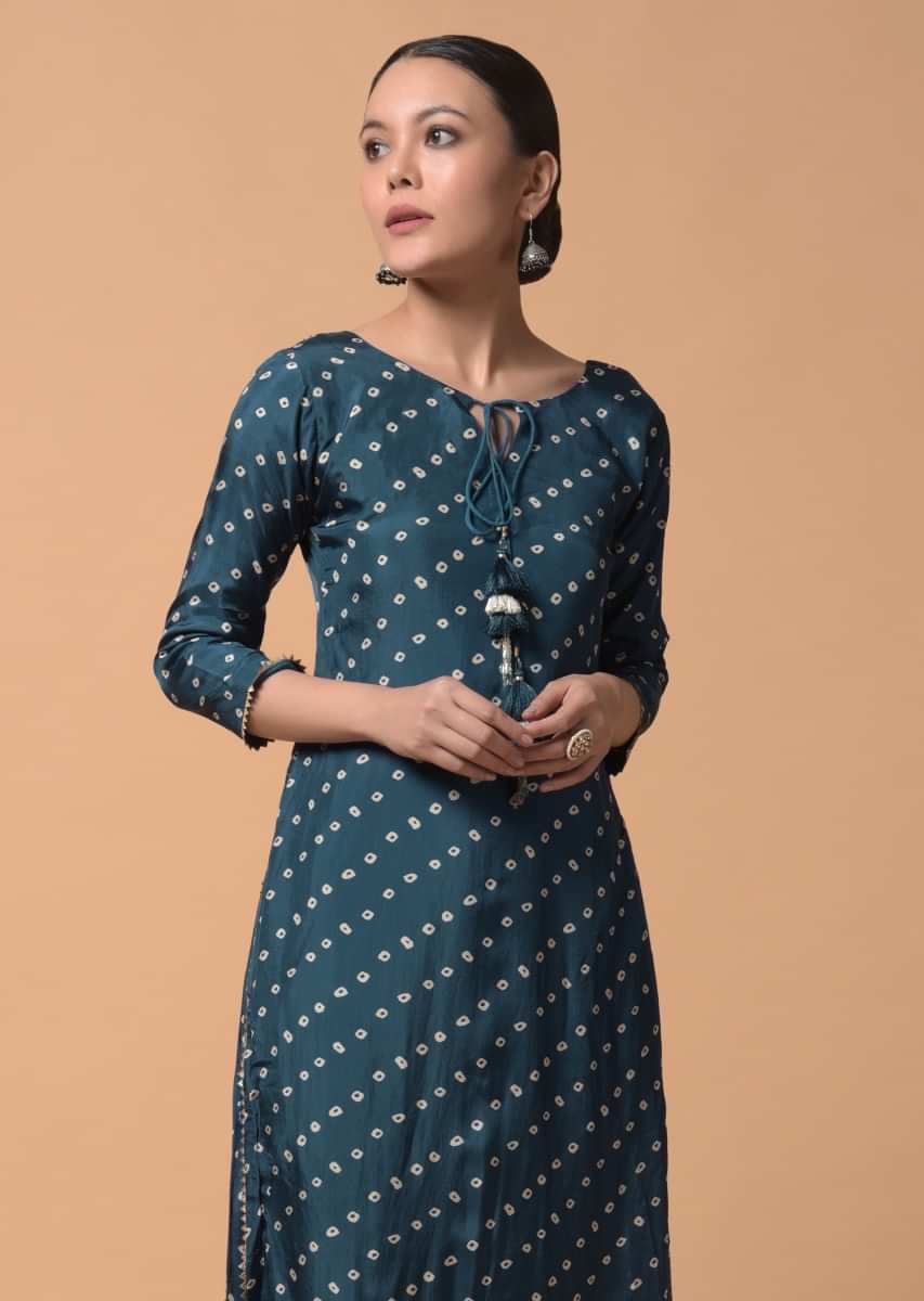 Peacock Blue Palazzo Suit In Satin Silk With Bandhani Print All Over Online - Kalki Fashion