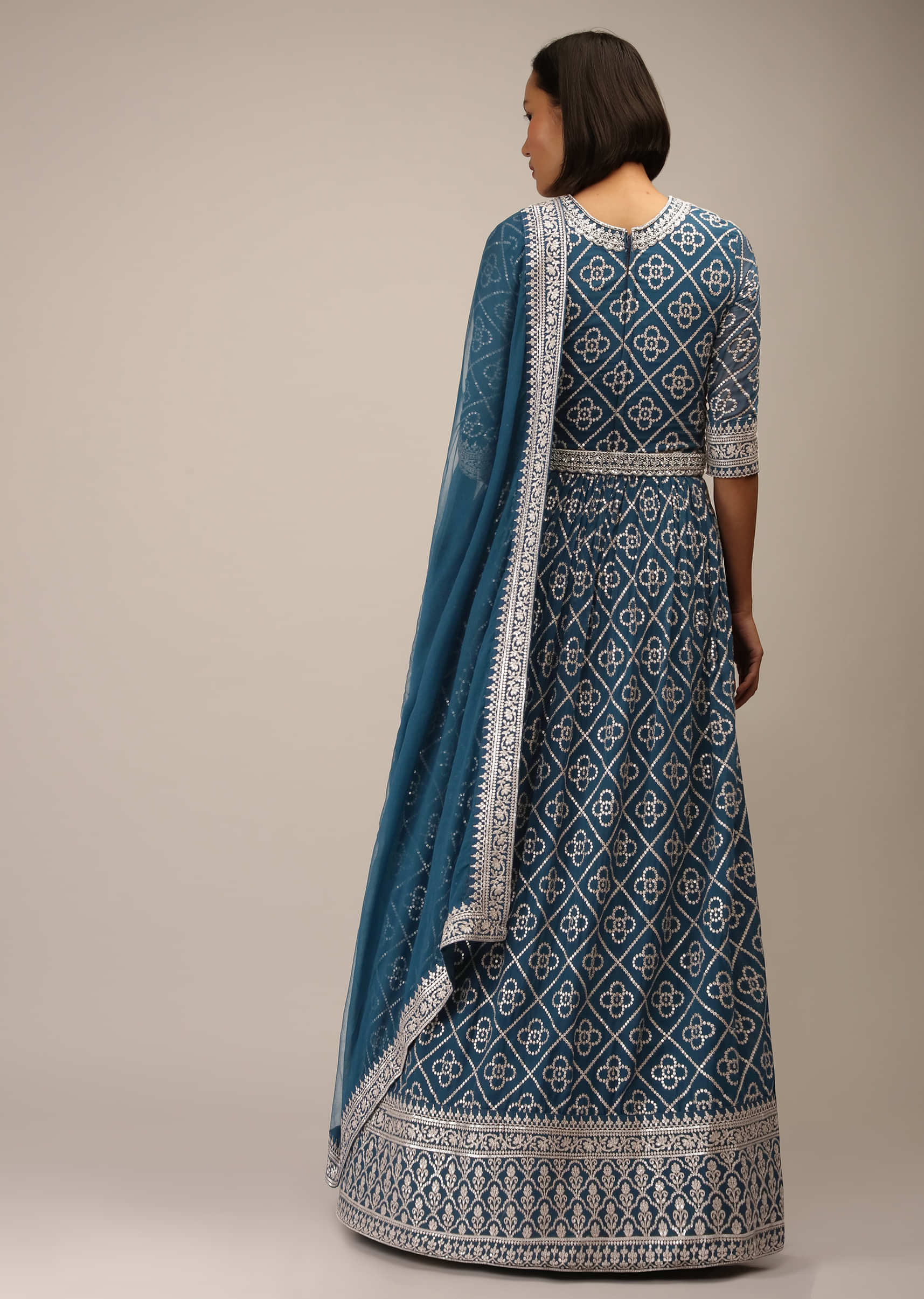 Peacock Blue Anarkali Suit In Georgette With Zari And Sequins Embroidered Jaal And Three Quarter Sleeves