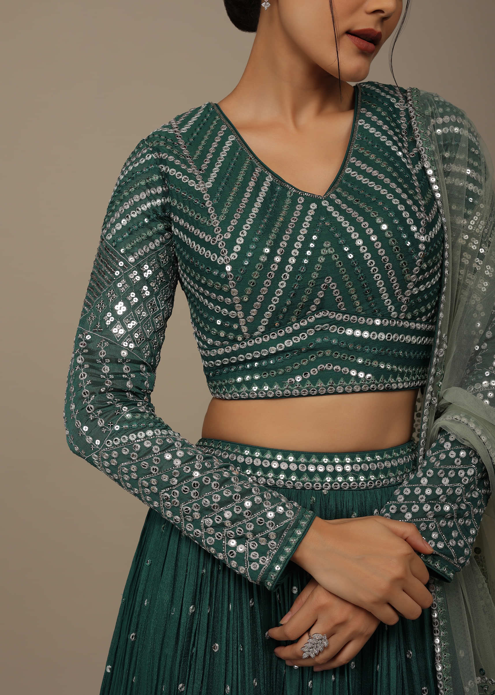 Peacock Green Festive Sequins Embroidered Lehenga Set In Chinon