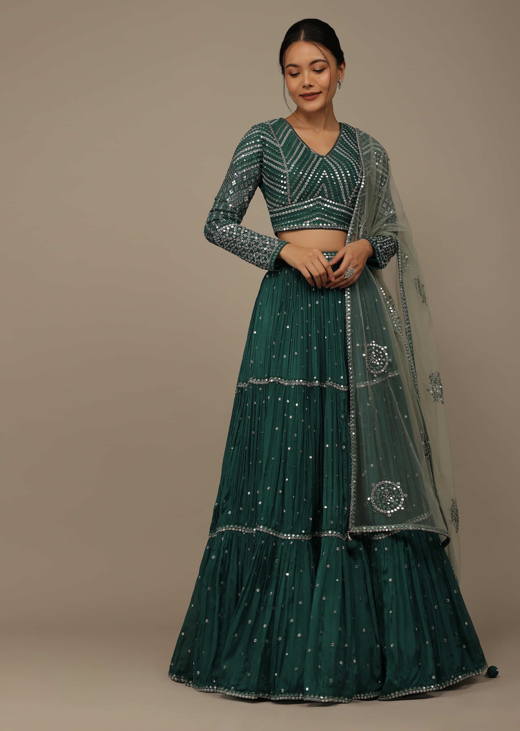 Peacock Green Festive Sequins Embroidered Lehenga Set In Chinon