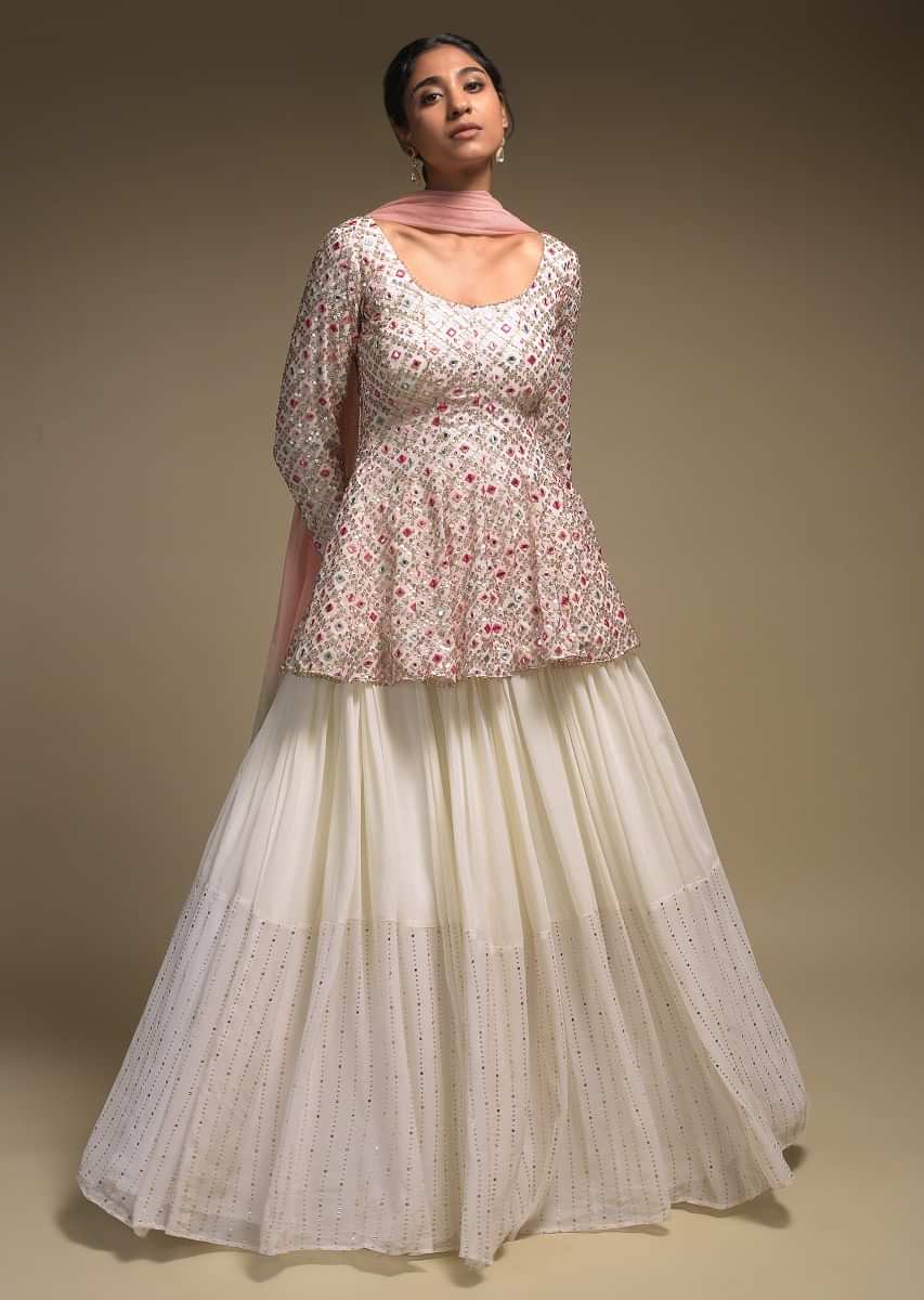 Pearl White Skirt And Peplum Top With Colorful Resham And Abla Embroidery 