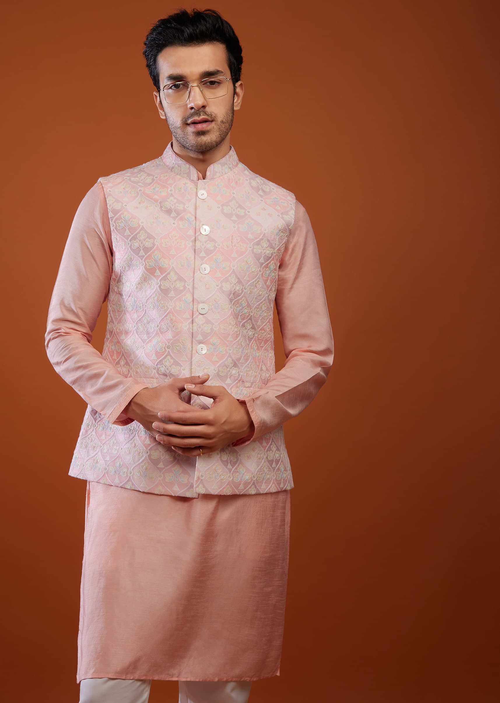 Powder Pink Embroidered Bandi Jacket Set In Silk