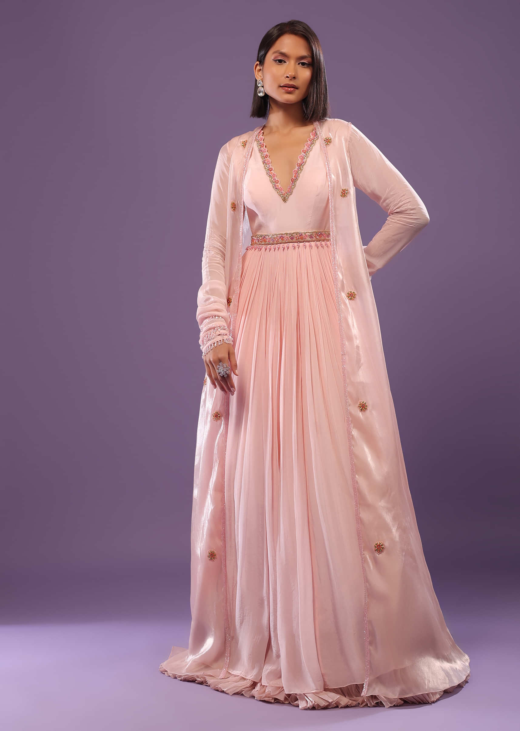 Petal Pink Embroidered Gown With Shrug In Organza