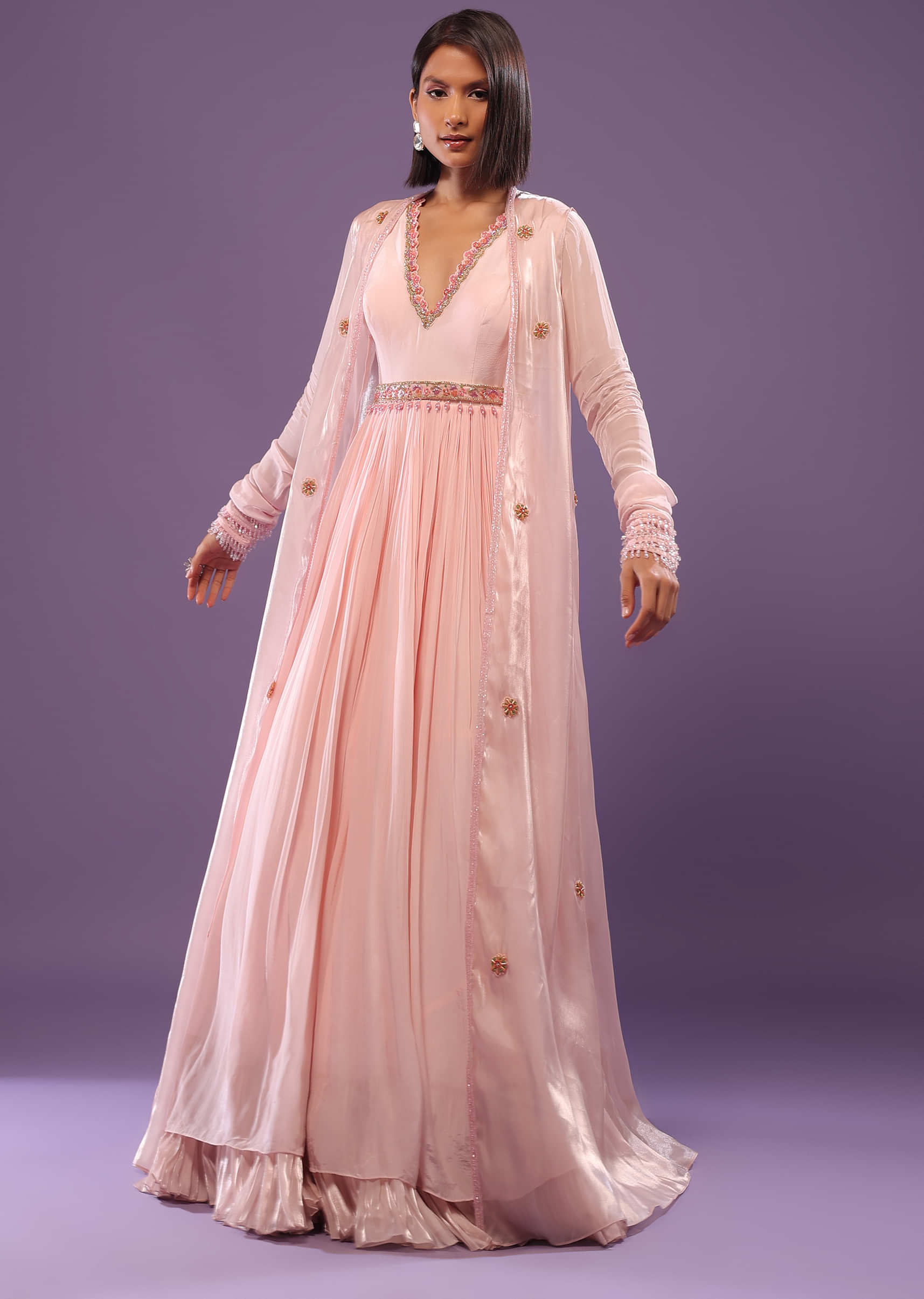 Petal Pink Embroidered Gown With Shrug In Organza