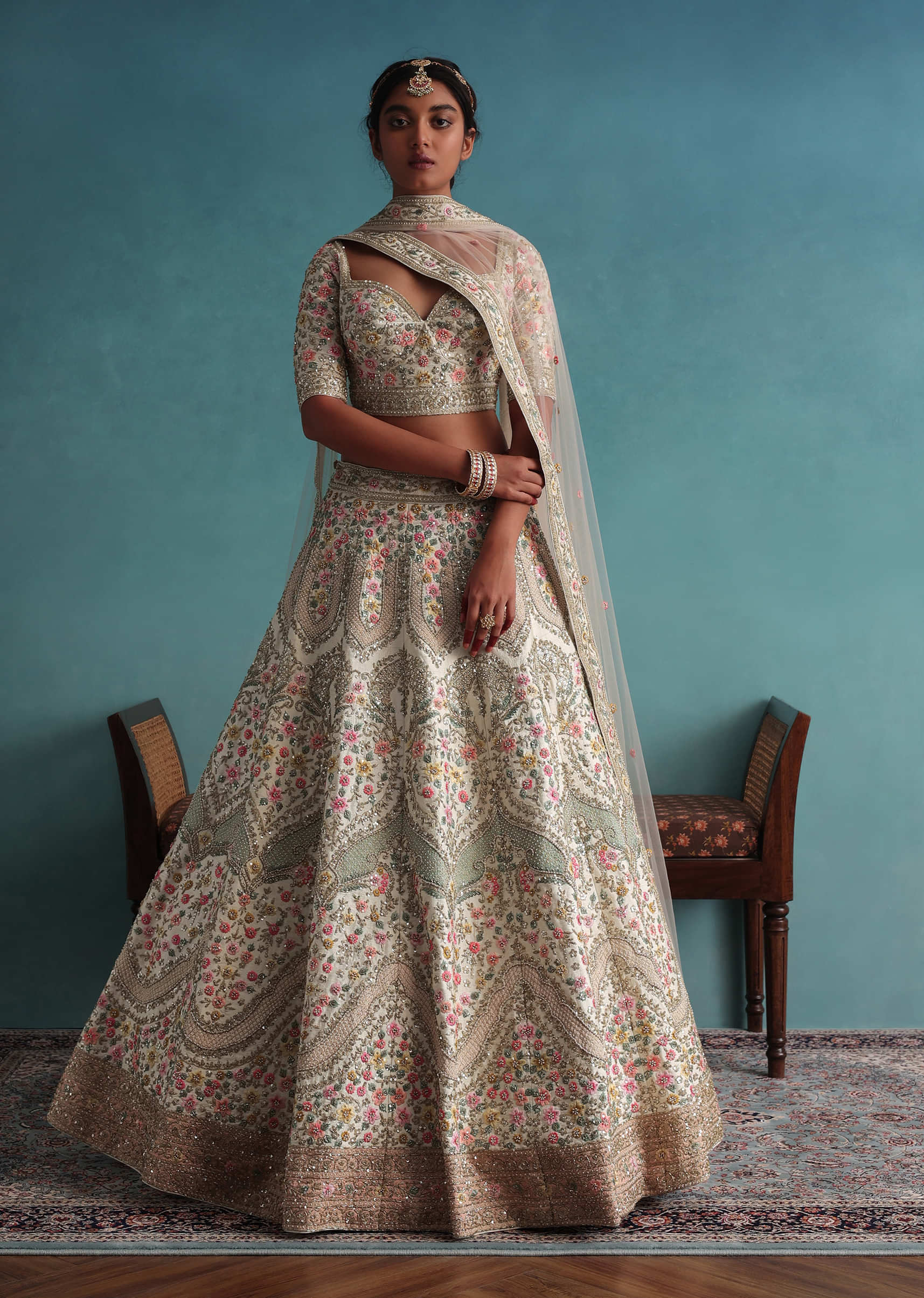 Pearl White Embroidered 12 Kali Bridal Lehenga In Raw Silk With Hand Embroidery