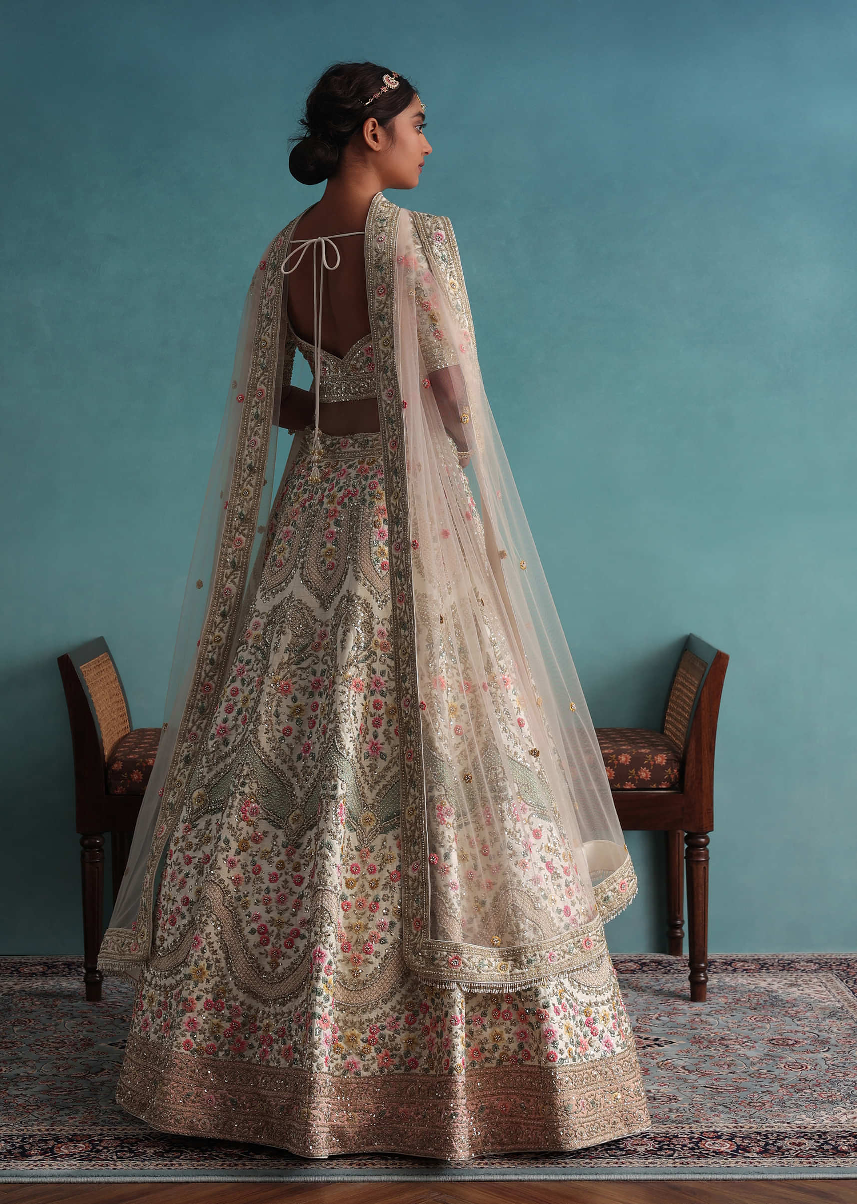 Pearl White Embroidered 12 Kali Bridal Lehenga In Raw Silk With Hand Embroidery