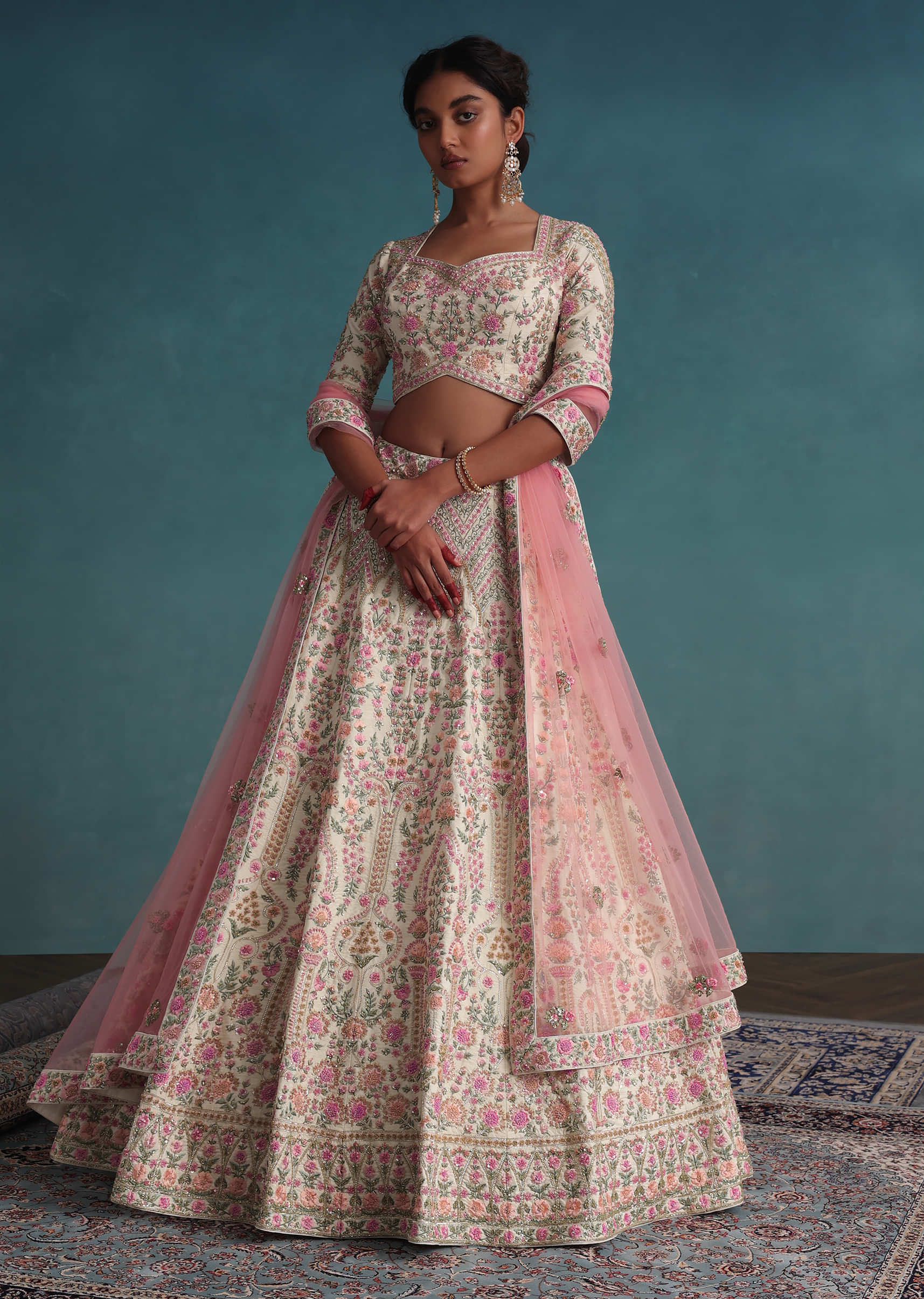 Pearl White Embroidered Bridal Lehenga In Raw Silk With Floral Hand Embroidery