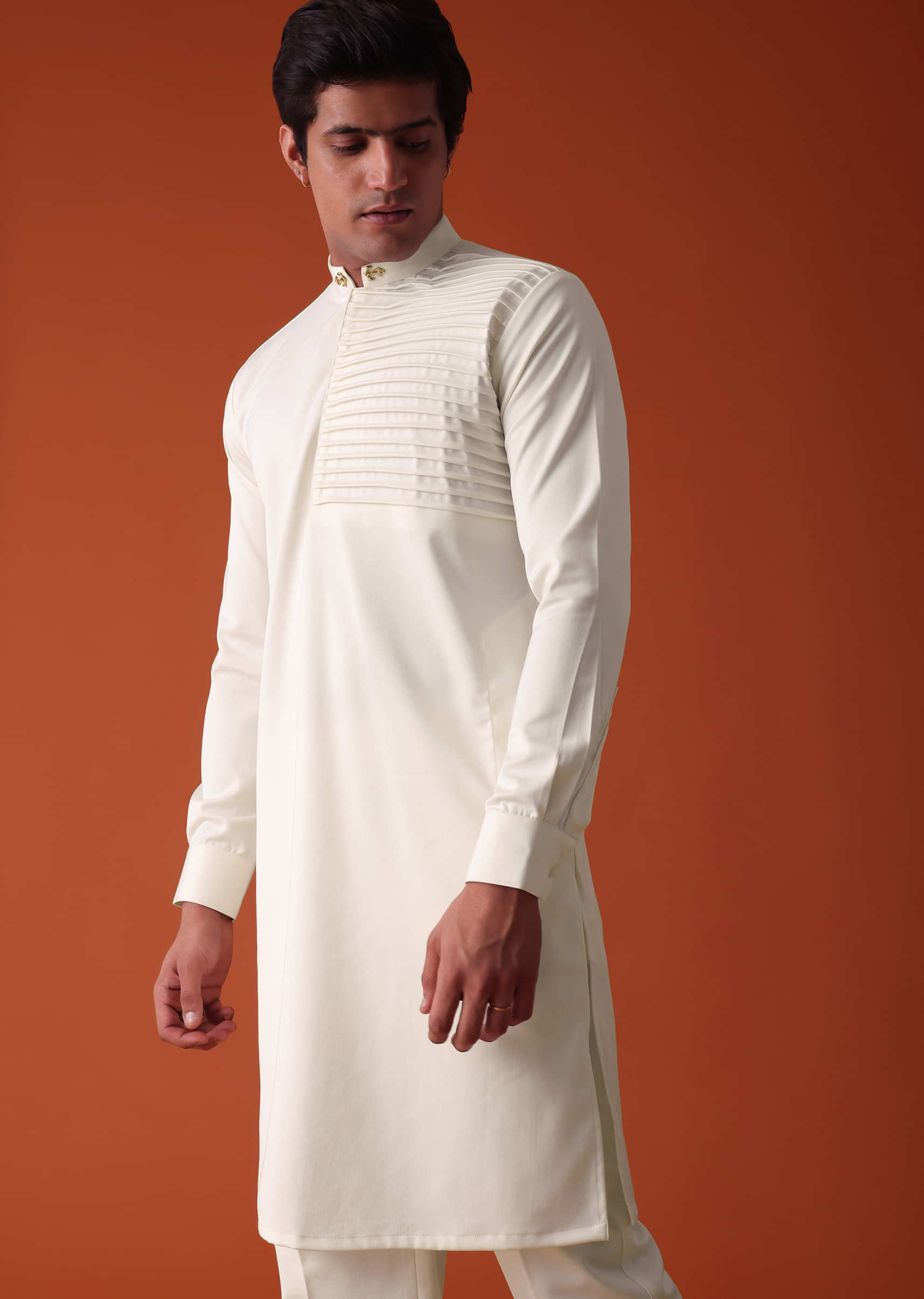 Pearl White Pathani Kurta Set In Terry Rayon With One Side Pleating