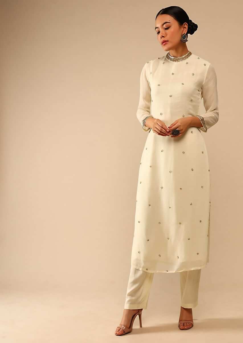 Pearl White Straight Cut Georgette Suit In Sequin Embellished Buttis Without Dupatta